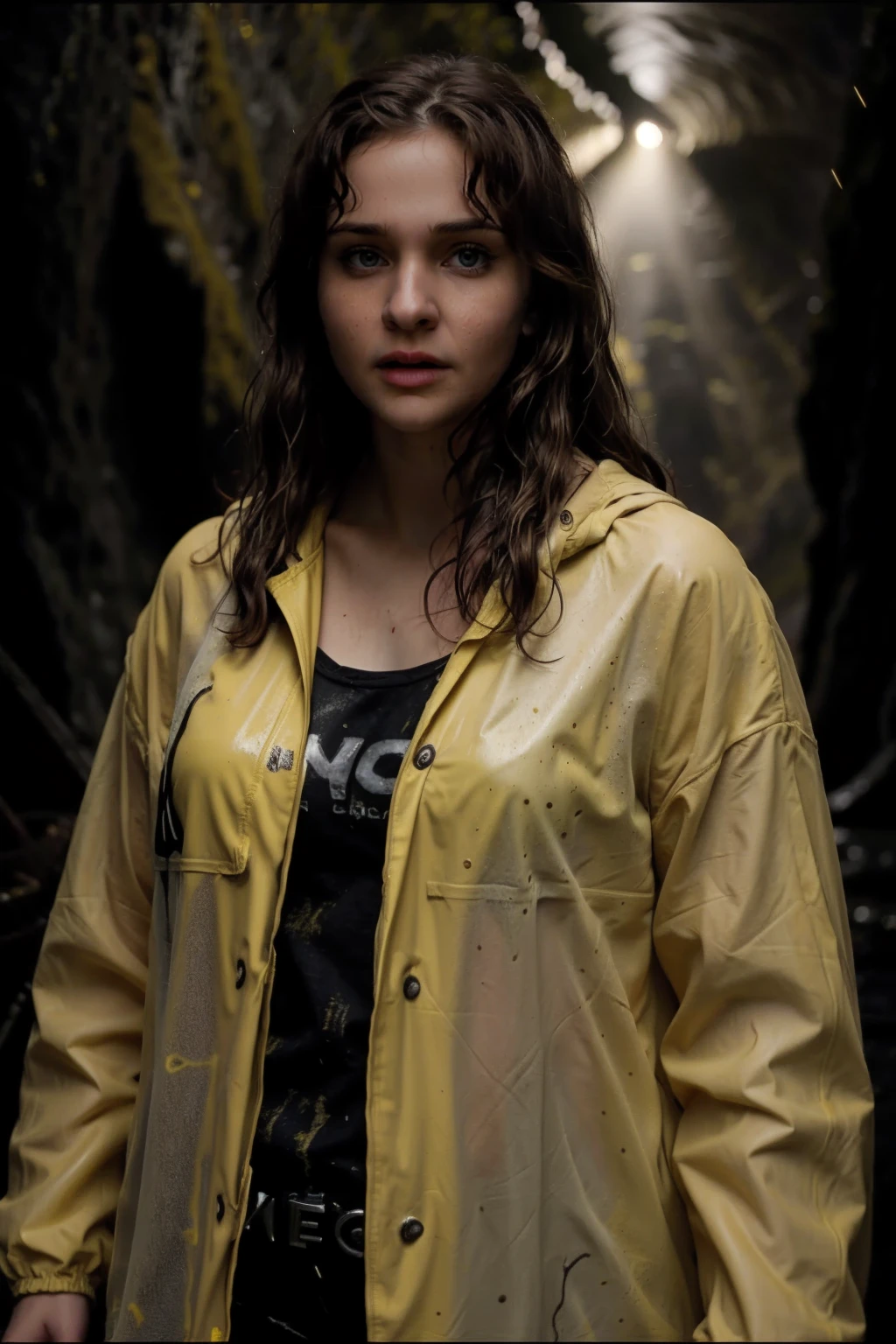 <lora:l1sav1car1_ot_v1:0.85>,cinematic half-body photo of a young serious l1sav1car1,wet hair,in a dark cave,(wearing yellow rain jacket:1.1),horror movie,dramatic light,smoked,4k, trending on Netflix,HDR, Fujifilm XT3, PA7_Enhancer-03