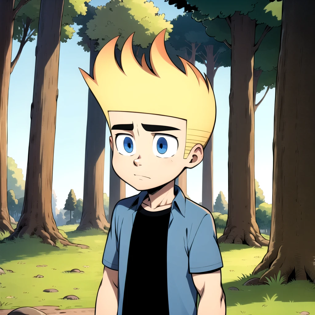 solo, 1boy, johnny test, blonde hair, blue eyes, shirt, open clothes, black shirt, brown pants, child,  ,  <lora:Johnny_Test_Leaf4:0.8>, cowboy shot, forest,