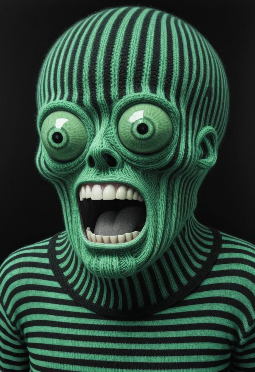 bw-grignani, surreal translucent green Screaming SpongeBob Alien wearing knitted sweater Portrait By HR Giger embedded in perfect emphasis lines, made of Stripes, perfect bold lines, inifnity lines,