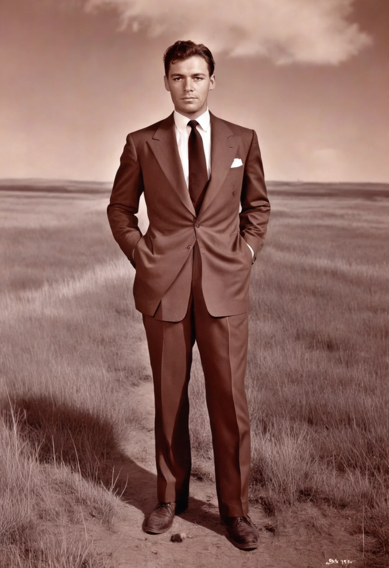 <lora:vintage-XL:1.5> vintage, a northern man wearing Suit and tie, open prairie