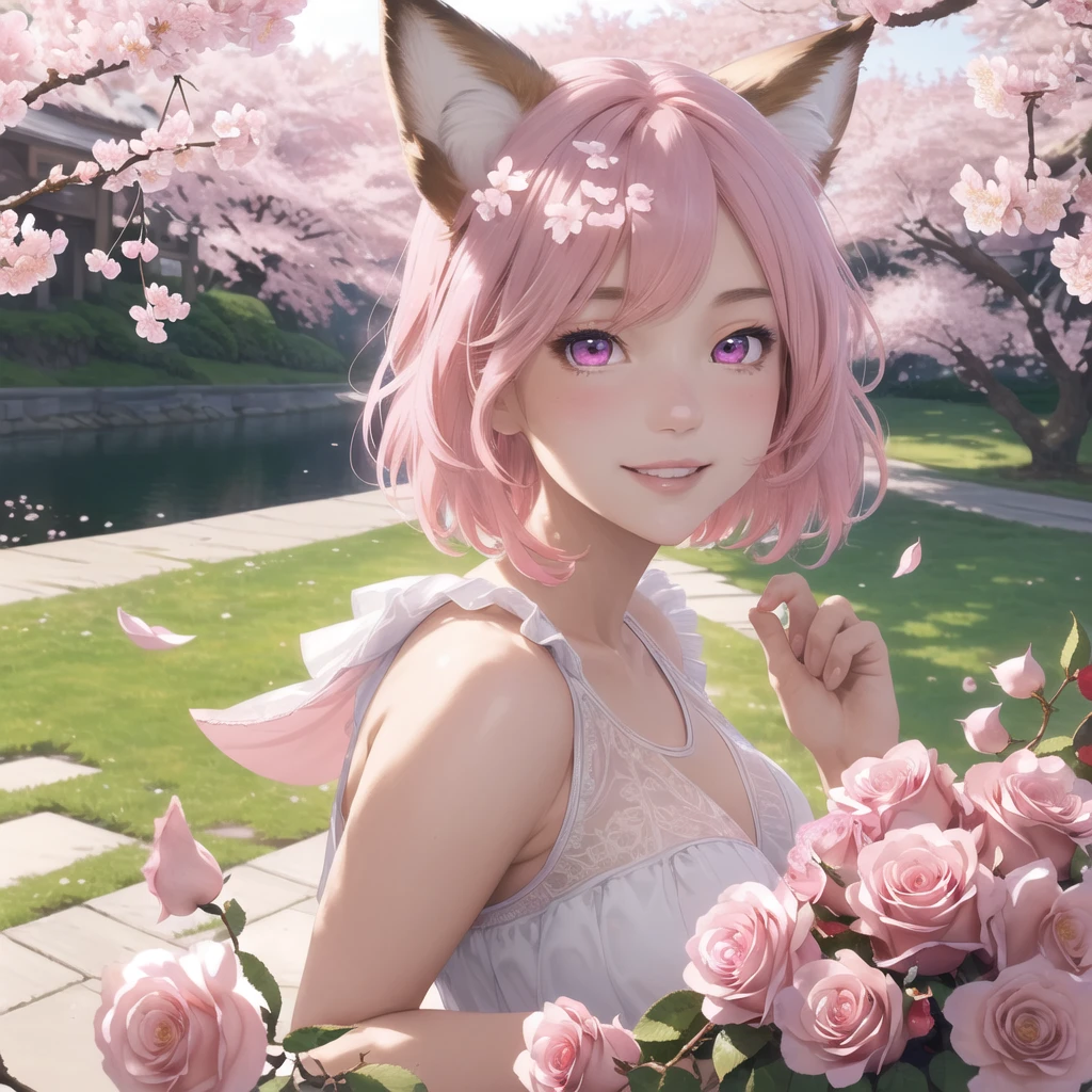 masterpiece, best quality, ultra-detailed, 1girl, detailed water, short hair, pink hair, light pink eyes, , ((close-up)), roses, everywhere roses, gorgeous, cherry blossoms, cherry, cherry blossoms tree, smile, view from front, fox ears