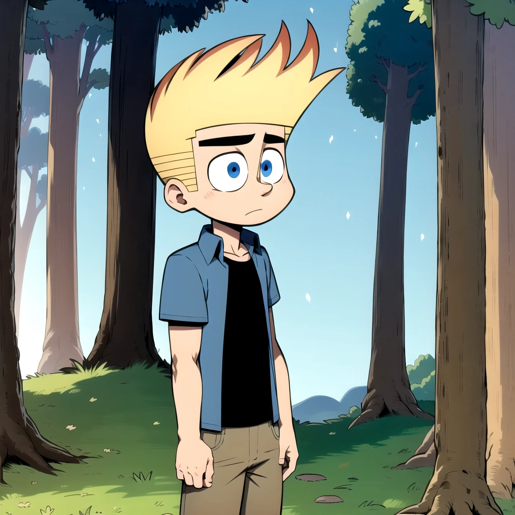 solo, 1boy, johnny test, blonde hair, blue eyes, shirt, open clothes, black shirt, brown pants, ,  <lora:Johnny_Test_Leaf4:0.8>, cowboy shot, forest,