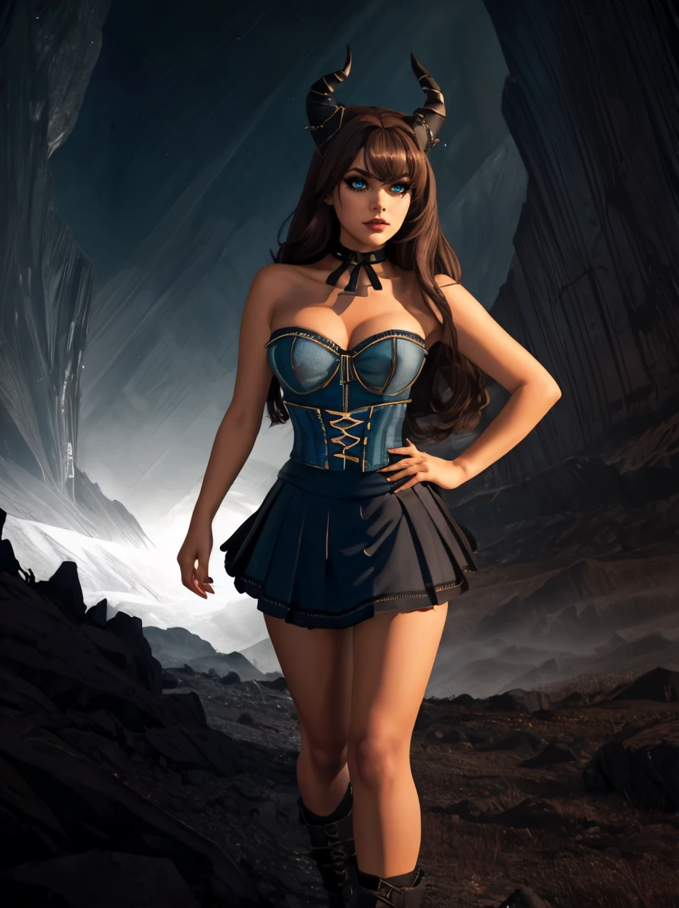 full body, highres, 8k, eyeliner, eyeshadow, makeup, dr3ss, ((blue bustier)), zippers, (cross-laced skirt), strapless,  <lora:Outfit_soph-BodyconLacedCorsetSkirt:0.6>,hud_hrnd_wg, long brown wig, horns, <lora:hornedwig-000014:0.6>, The Vale of Shadows: A dark and foreboding valley where no sunlight ever penetrates