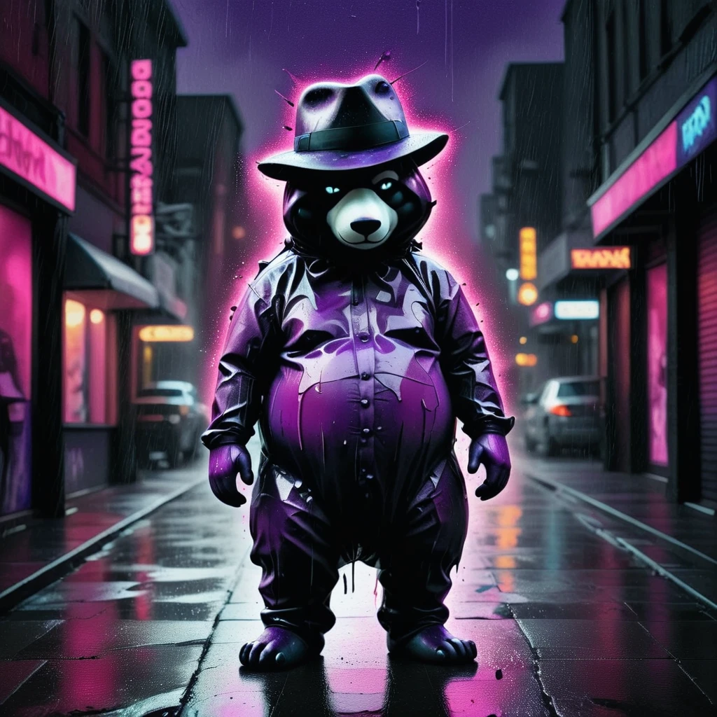 vbntnr deflated latex panda, wearing a fedora, folded, creased, spread out on the street, purple and pink, unicorn horn  full body , night, rain<lora:Vibrant_Noir_2-000018:1.5> <lora:latex:0.3>  <lora:deflated_v3:1>