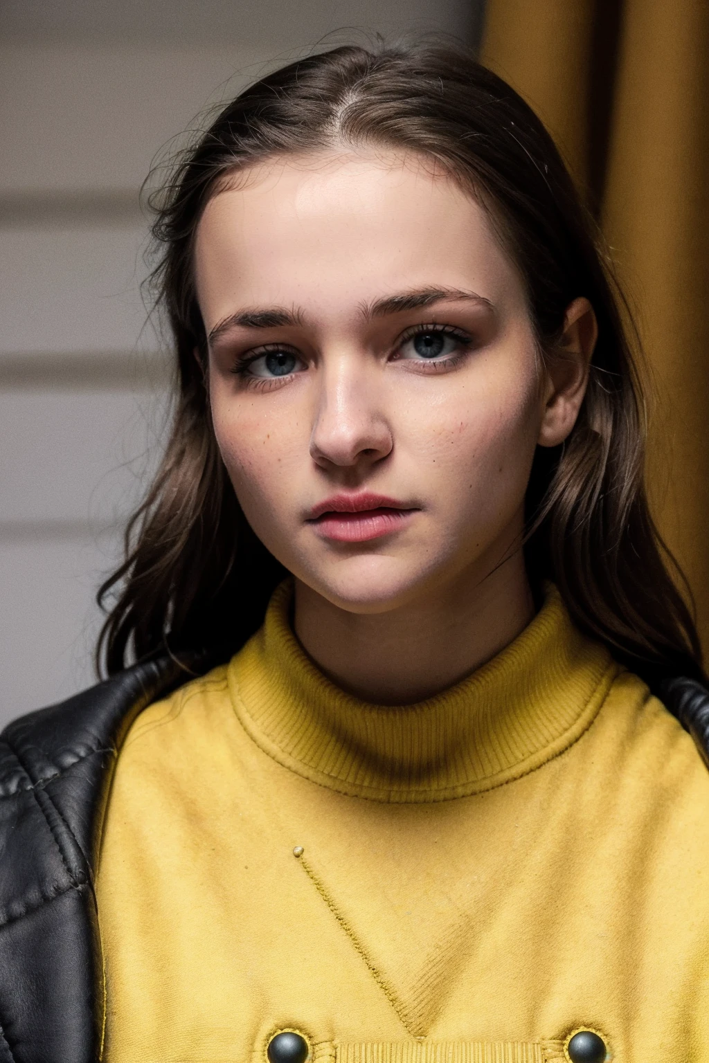 <lora:l1sav1car1_ot_v1:0.9>,A close-up of a young l1sav1car1 with a bruise on her face, wearing a yellow jacket and looking directly at the camera, Canon EOS R3, f/1.4, ISO 200, 1/160s, 8K, RAW, unedited, symmetrical balance, in-frame