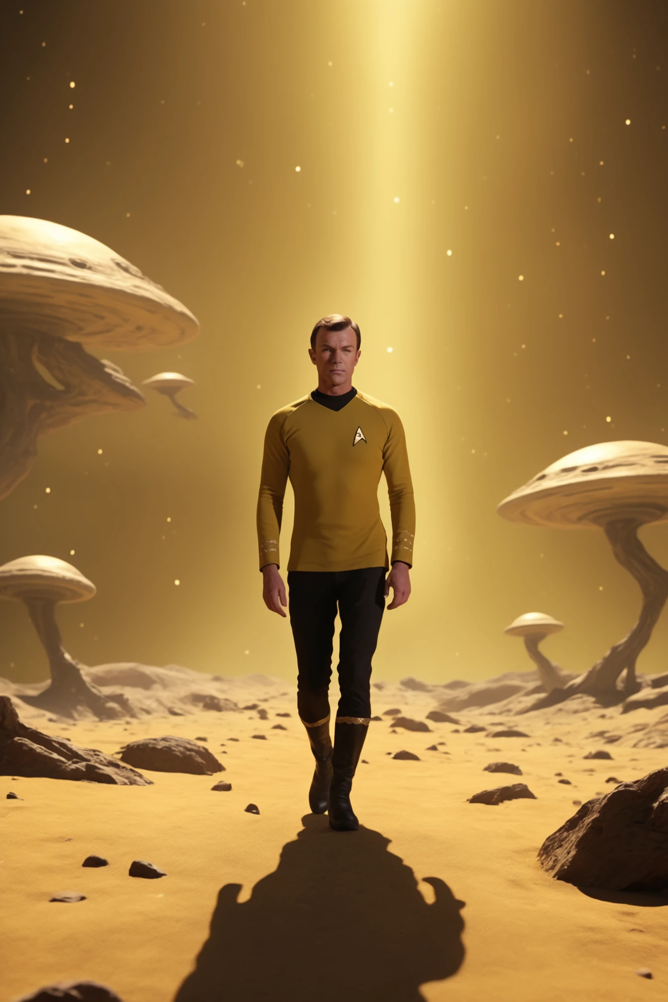 man in a yellow startrektos walking on an alien planet surface,facing the viewer,
masterpiece, best quality, soft light, bokeh, real shadow, cinematic, subsurface scuttering <lora:TOSXL-000040:0.8>