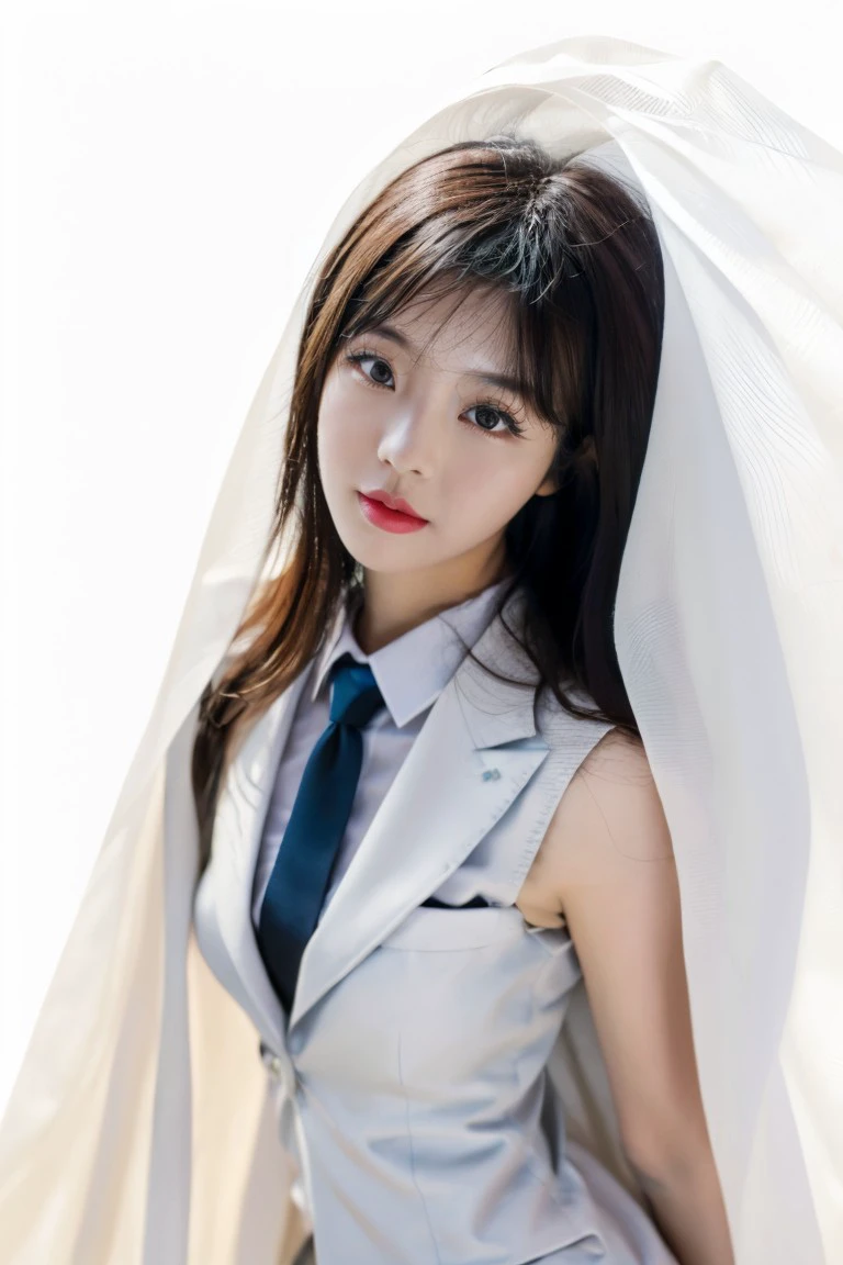 1girl, large breasts, looking at viewer, realistic, photorealistic, lips, (business suit, cape), hyper detailed, super sharp, crisp, smooth, smooth gradients, depth of field, (in studio, white background), <lora:shebella:1.0> ,<lora:breastsizeslideroffset:-0.3>, <lora:skin_slider_v2_1_FACE:0.5>, <lora:add_detail_v5:1>