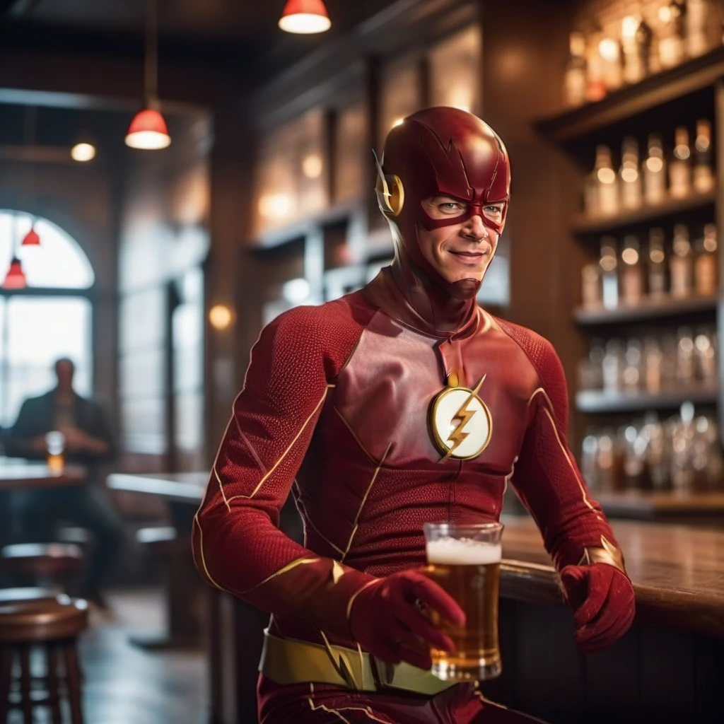 cinematic photo a full body The Flash holds a beer in a pub, several empty beerglasses <lora:TheFlashCW1024:0.8> . 35mm photograph, film, bokeh, professional, 4k, highly detailed