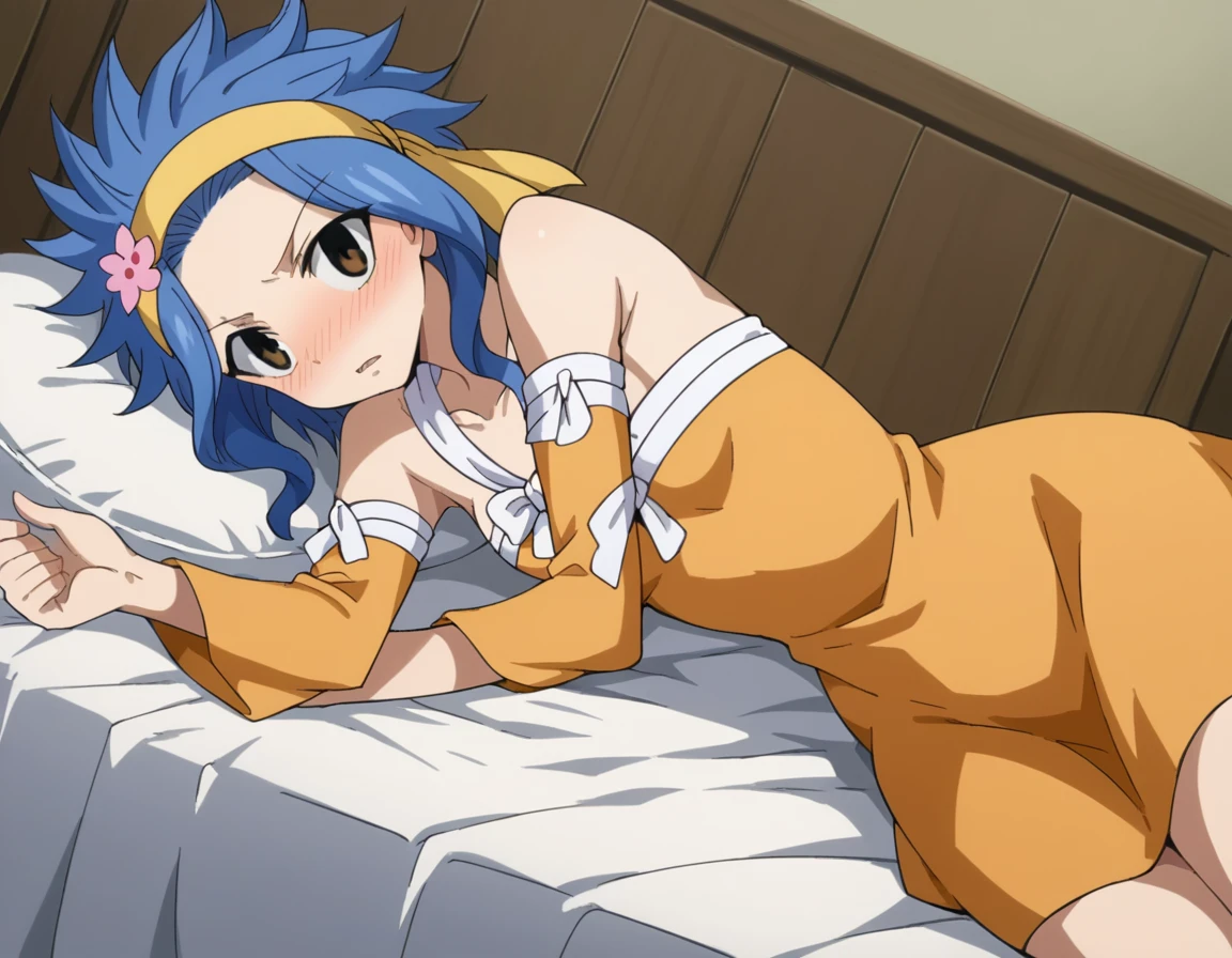 score_9, score_8_up, score_7_up, source_anime,
levymcgarden, <lora:levy-mcgarden-s7-ponyxl-lora-nochekaiser:1>,
levy mcgarden, brown eyes, blue hair, short hair, sidelocks,
hair ornament, dress, bare shoulders, collarbone, flower, detached sleeves, hair flower, strapless, headband, short dress, strapless dress, orange dress,
indoors, bed, bed room, on side, blush, drunk,
looking at viewer, dutch angle, cowboy shot,