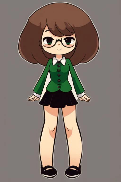 A girl with a rounded and youthful face, with soft features
Large and expressive eyes, dark brown in color. Her eyes are framed by long, curved eyelashes and she wears round green glasses
Eyebrows Naturally shaped and slightly arched, in a dark brown tone that matches her hair
Nose Small and slightly flattened, giving her a sweet and friendly appearance.
Her mouth has thin lips with a kind and sometimes curious smile. Her smile is usually wide and expressive.
Dark brown curly and voluminous curly hair, with curls that fall messily around her face and down to her shoulders
Her body is Slim and youthful in build, a little robust with little chest and big hips Dark skin
Dressed in transparent blue erotic underwear
(((character sheet))) ((various views)) ((front and back) (Face detail) (full body)
