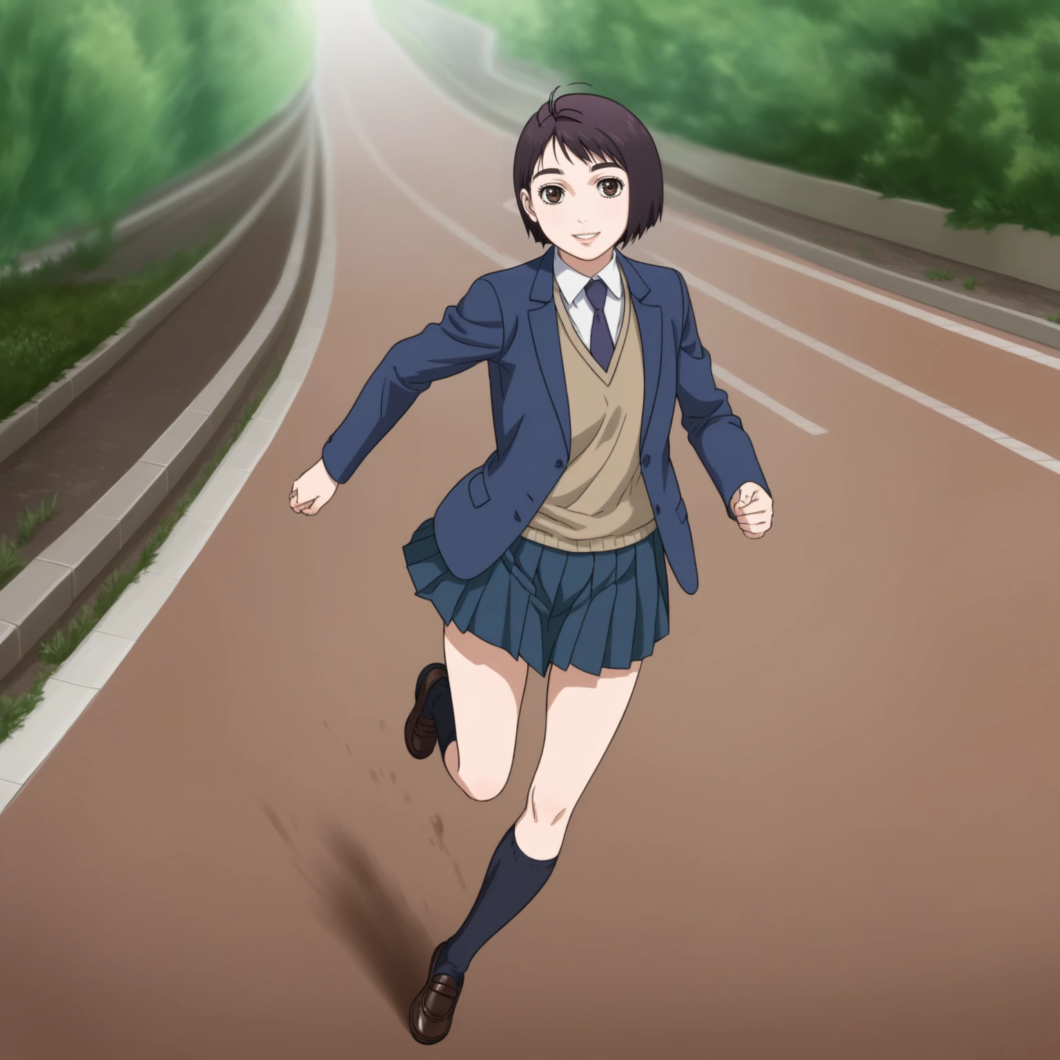 <lora:RenSaionjiXLpony001>,looking at viewer,smile,parted lips,
solo,
RenSaionji,1girl,
school uniform,blazer,collared shirt,necktie,sweater,
pleated skirt,
socks,shoes,
full body,running,