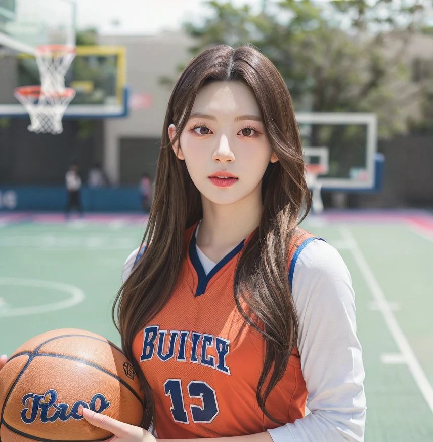 masterpiece, best quality, official art, extremely detailed CG unity 8k wallpaper, ultra high res, ultra detailed, realistic, (photorealistic:1.4), 1girl, woman, solo, (full body:1.2), mature, slim, basketball uniform, warm expression, medium breasts, detailed breast, detailed face, beautiful, realistic skin, basketball court, sun, trees, detailed facial features, detailed clothes features, depth of field, professional lighting, physically-based rendering, (pureros:0.2) <lora:sayhello0o-v1-seeunstayc:0.9> seeun, looking at camera,