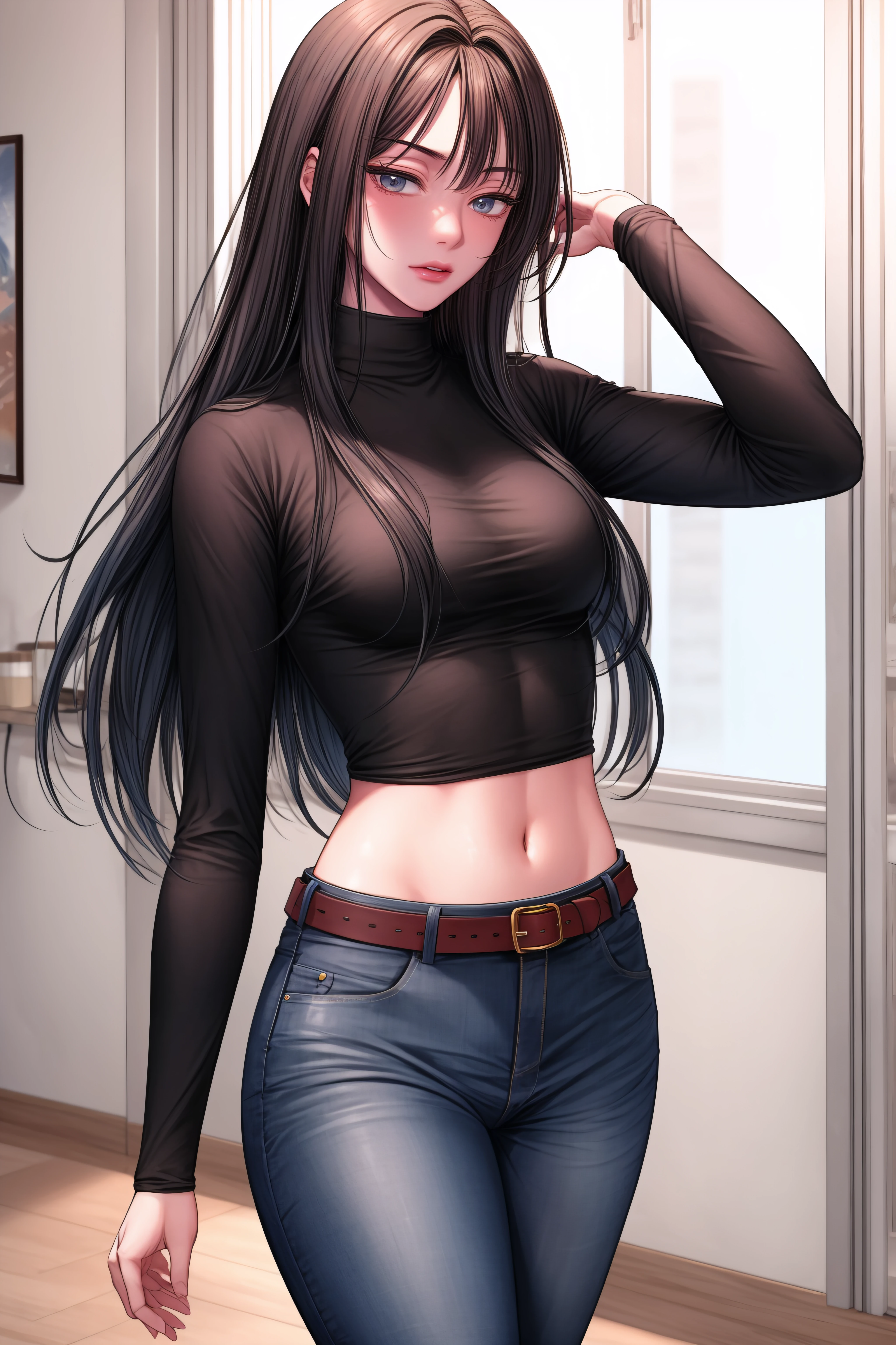 (masterpiece, best quality),<lora:Kang Yuna-lora-Faxtron:0.8> kang yuna, blueish-gray eyes, black hair, long hair, medium breasts, navel, belt, black turtleneck,  long sleeves, blue jeans, brown boots,
<lora:add_detail:1>