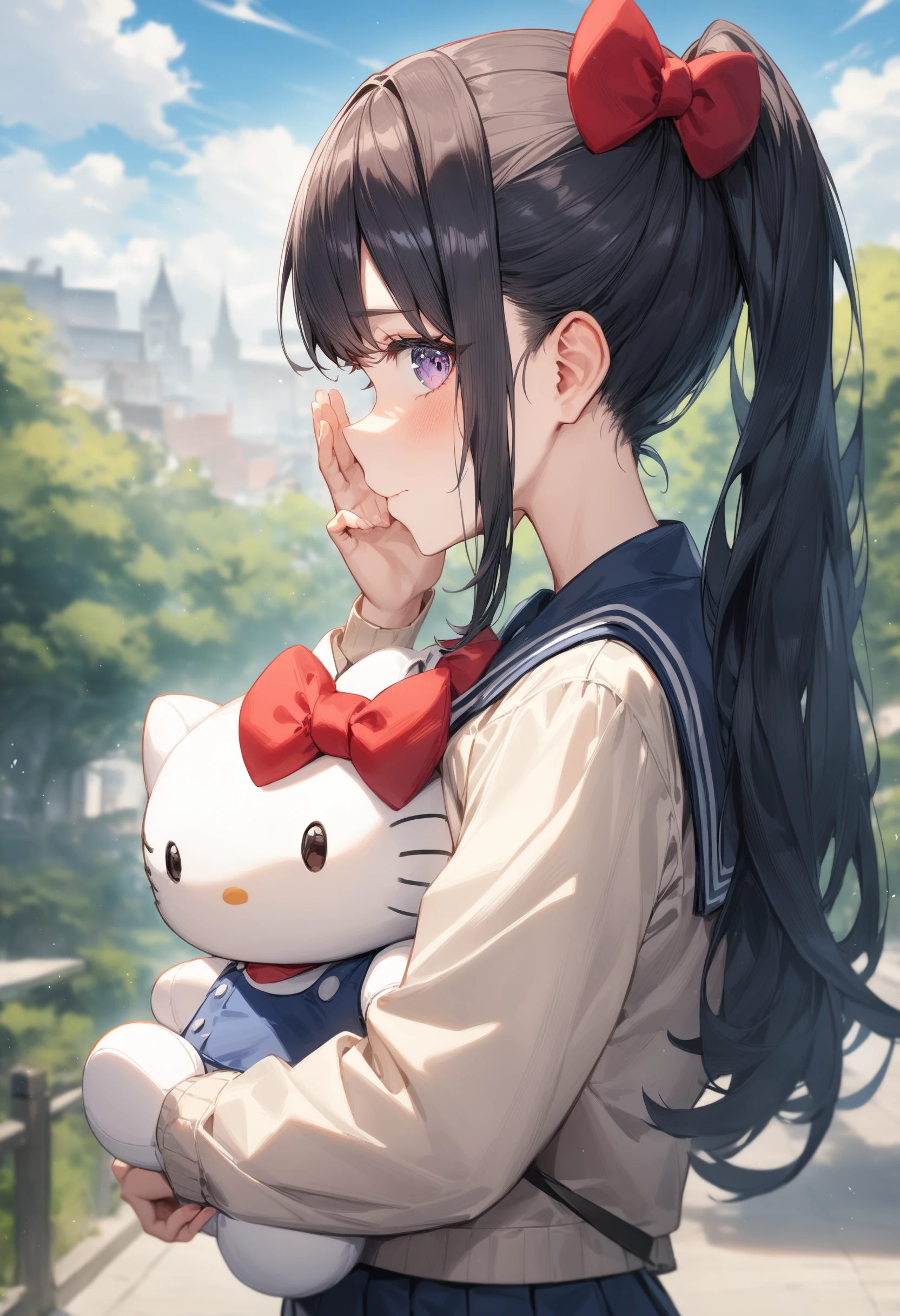 1girl, <lora:sdxl2-flat2-512b:-1>,medium breasts,school uniform,
hello kitty, stuffed toy, holding,holding stuffed toy,<lora:hellokitty_XL_v1:0.7>
from side, panorama shot, looking at viewer, facepalm, outdoors, closed mouth,
masterpiece, best quality, very aesthetic, absurdres