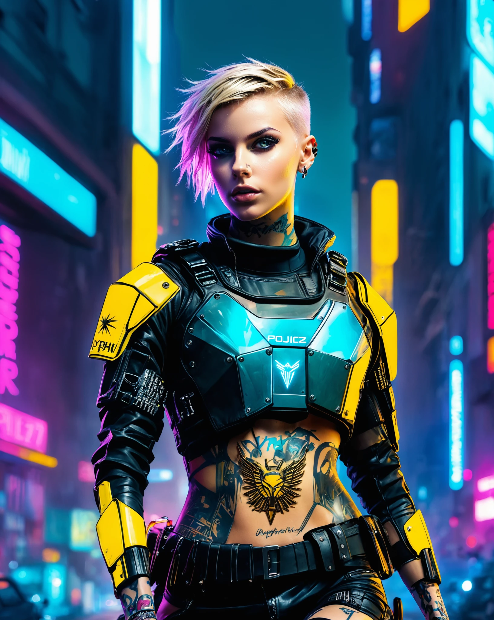 full body photograph sketch of a beautiful cyberpunk girl in a cyberpunk city, short blonde pixie haircut, military kevlar police armor, (tattoos:0.7), (facing the camera:1.5), cinematic, cinematic color grading, dark moody lighting, at night, backlit, <lora:Halcyon Cyberpunk Style:0.8>, long hair blowing in the wind, sharp focus