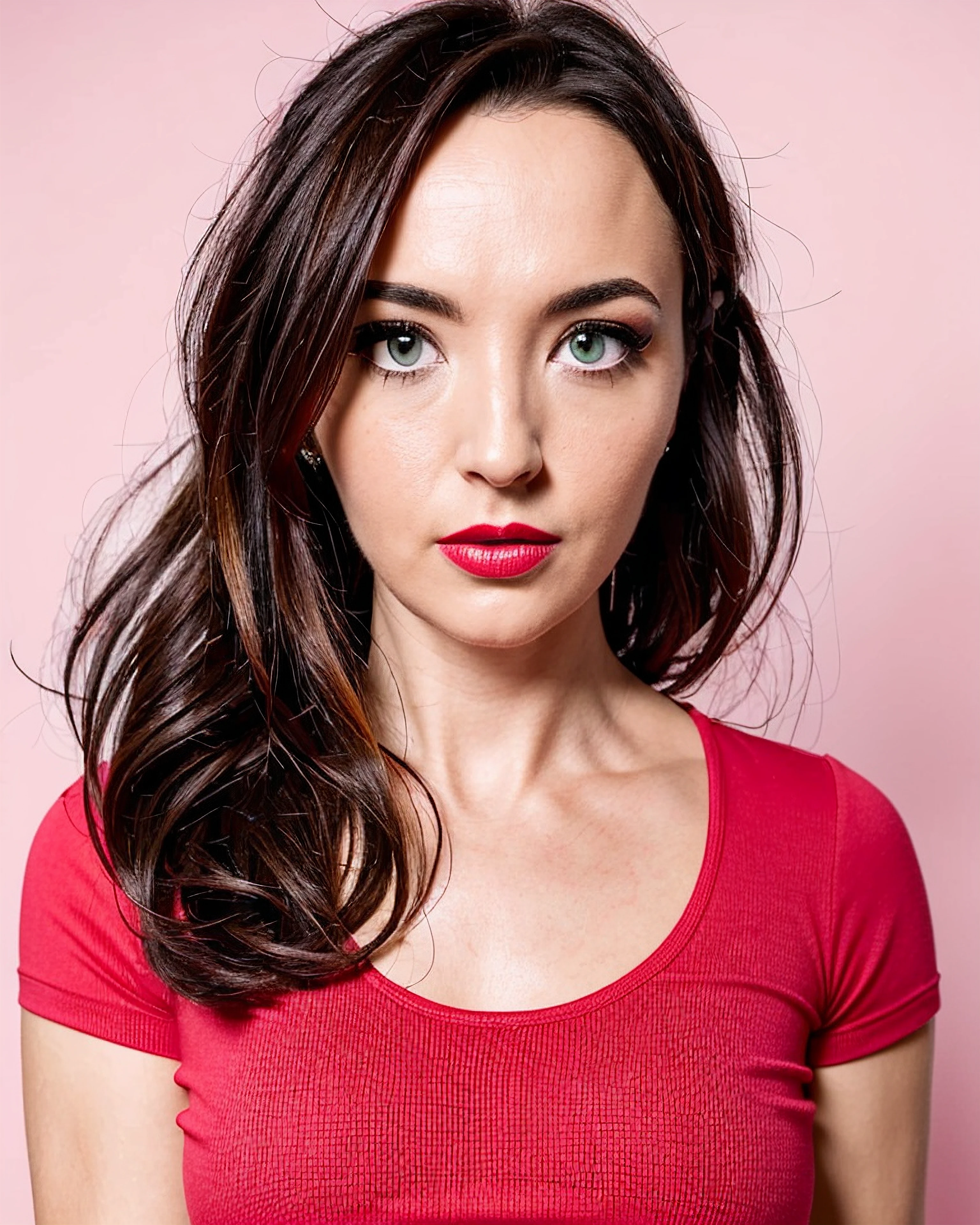 f4rn, professional portrait of f4rn in a red top with hair parted in the center, heavy eyelids, pink lipgloss, youthful, pretty face, face details, looking at viewer, lips parted (plain white background), sharp focus