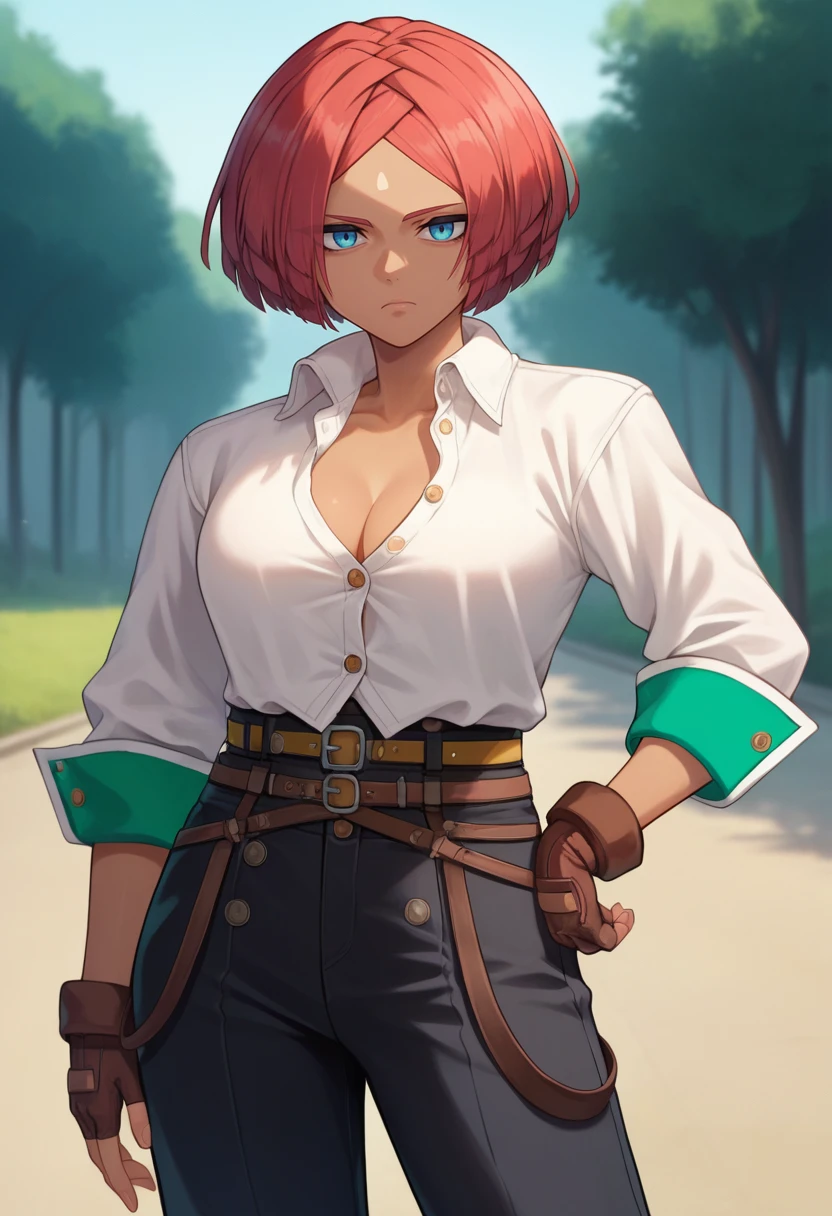 score_9, score_8_up, score_7_up, source_anime, solo, 1girl, gggiovanna, dark skin, expressionless, looking at viewer, standing, hand on own hip, white shirt, collared shirt, partially unbuttoned, sleeves pushed up, brown gloves, fingerless gloves, black pants, high-waist pants, belt, cleavage, outdoors <lora:guiltygear_giovanna_ponyXL:1>