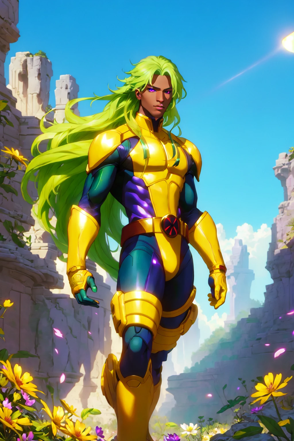 (masterpiece, best illustration, extreme light and shadow), xmblzxl,1boy, male focus, colored skin, green skin, long hair, purple eyes, BREAK belt, bodysuit, two tone bodysuit, yellow bodysuit, blue bodysuit, depth of field, (mature), outdoors, battlefield, perfect face, side lighting, lustrous skin, (bloom), (shine), <lora:XMenblue15:1>