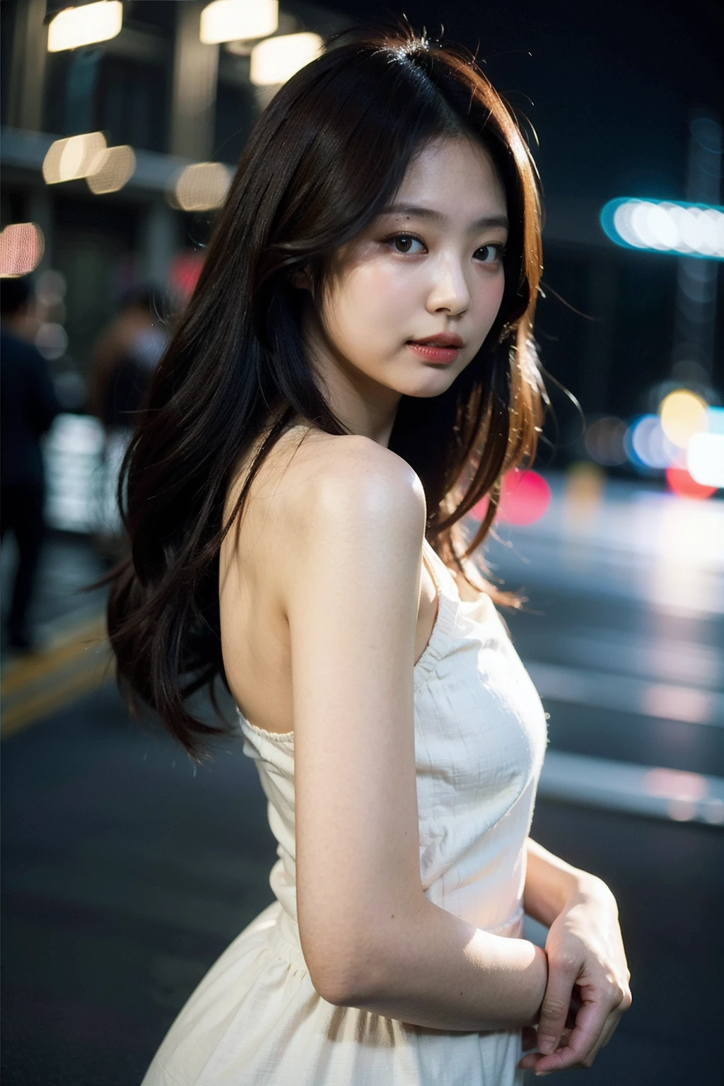 Best quality, masterpiece, ultra high res, (photorealistic), raw photo,1girl, skinny, upper body,solo, realistic, looking at viewer, long hair, bokeh background, city streets, sleveless dress, <lora:makina69_jennie_v2.0:1>