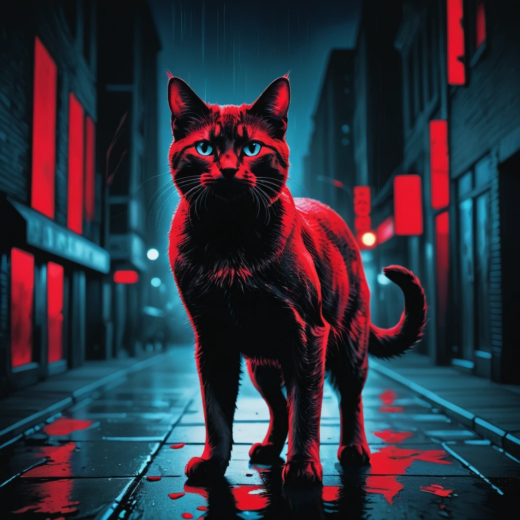 vbntnr cat in the dark city red full body <lora:Vibrant_Noir_2-000018:1>