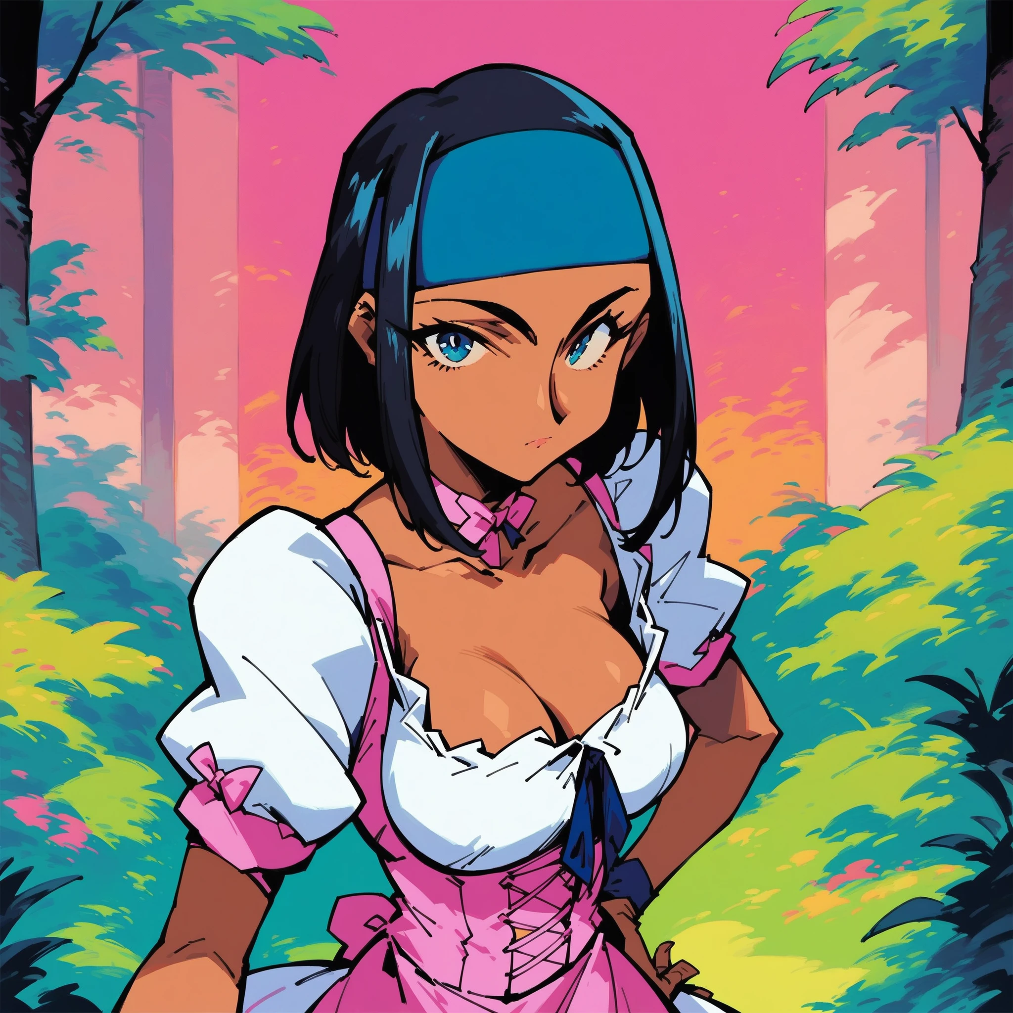 score_9, score_8_up, score_7_up,  m4k0t0v1,1girl,solo,blue headband, looking at viewer,pink maid outfit,white short sleeves,short hair,dark blue eyes, front view,forest background,cleavage <lora:m4k0t0v1_synthetic_v2:1>