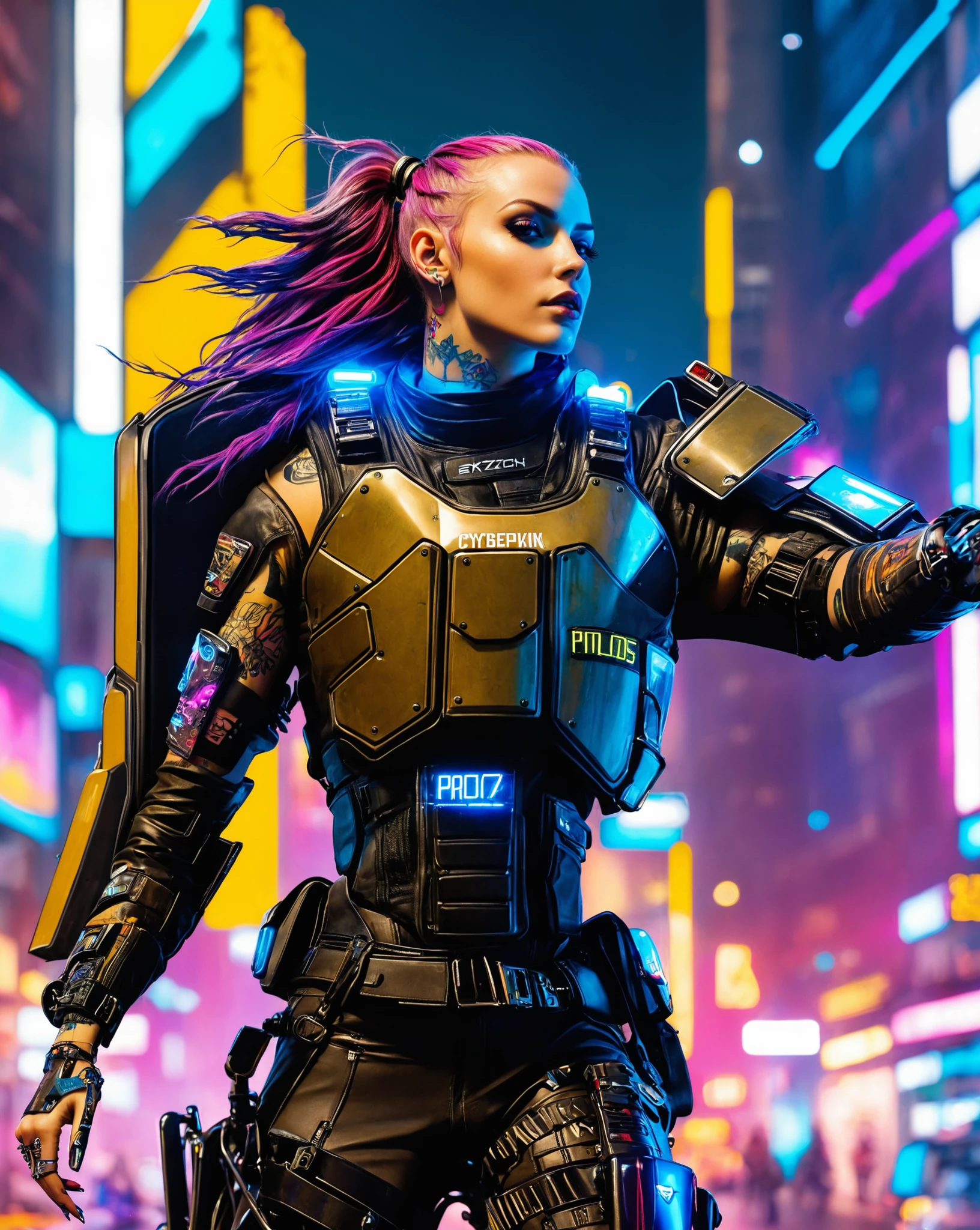 photograph of a beautiful cyberpunk girl in a cyberpunk city, military kevlar police armor, (tattoos:0.7), (facing the camera:1.5), cinematic, cinematic color grading, dark moody lighting, at night, backlit, <lora:Halcyon Cyberpunk Style:1>, long hair blowing in the wind, sharp focus, depth of field