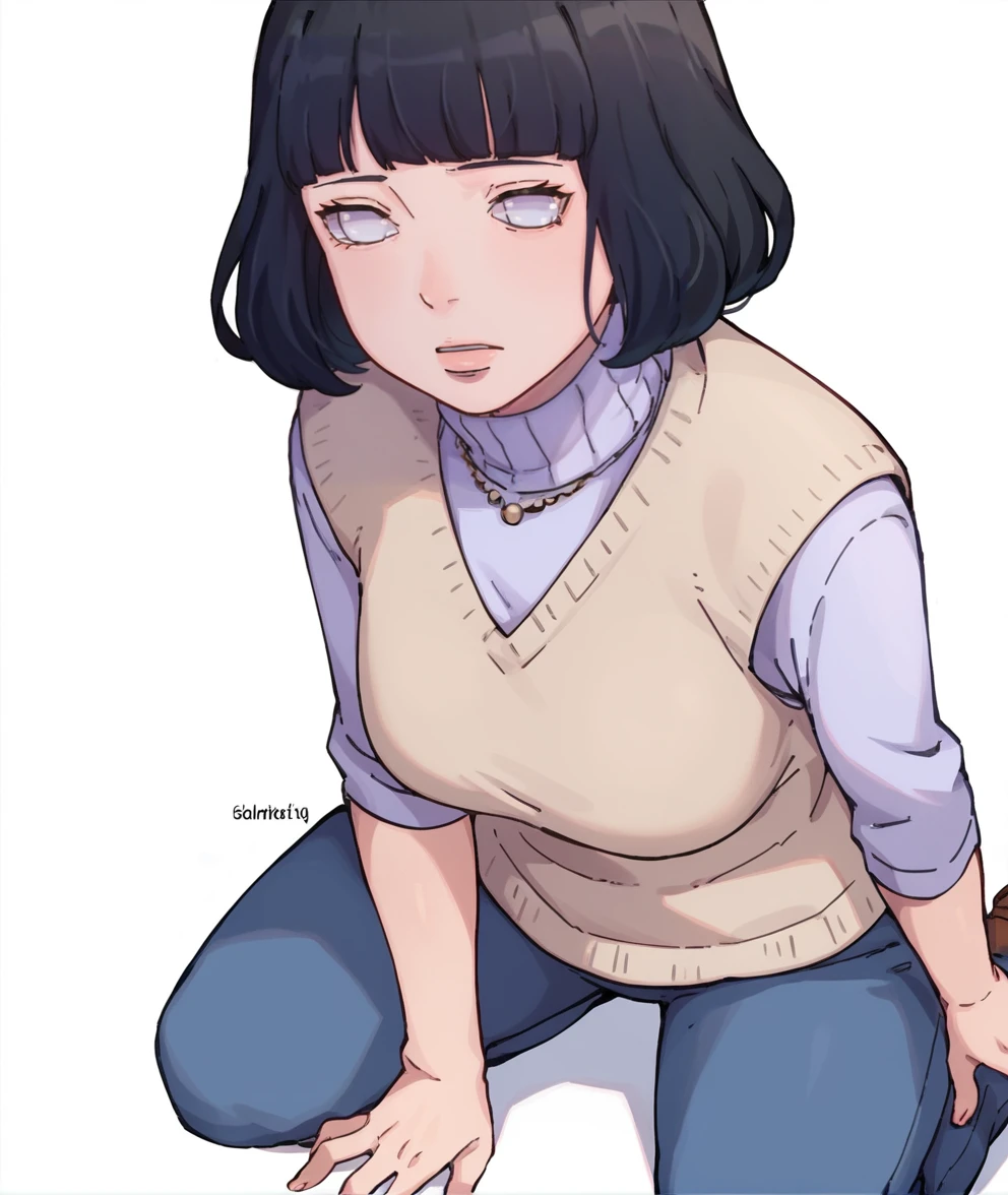 score_9, score_8_up, score_7_up,  source_anime,BREAK,white background, 1girl,solo, hinaike,  black hair,  <lora:HINATAikemotoPONYXL:1>mature female,  kneeling, spread legs,,blunt bangs,,turtleneck sweater, vest, pearl eyes, no pupils, pants