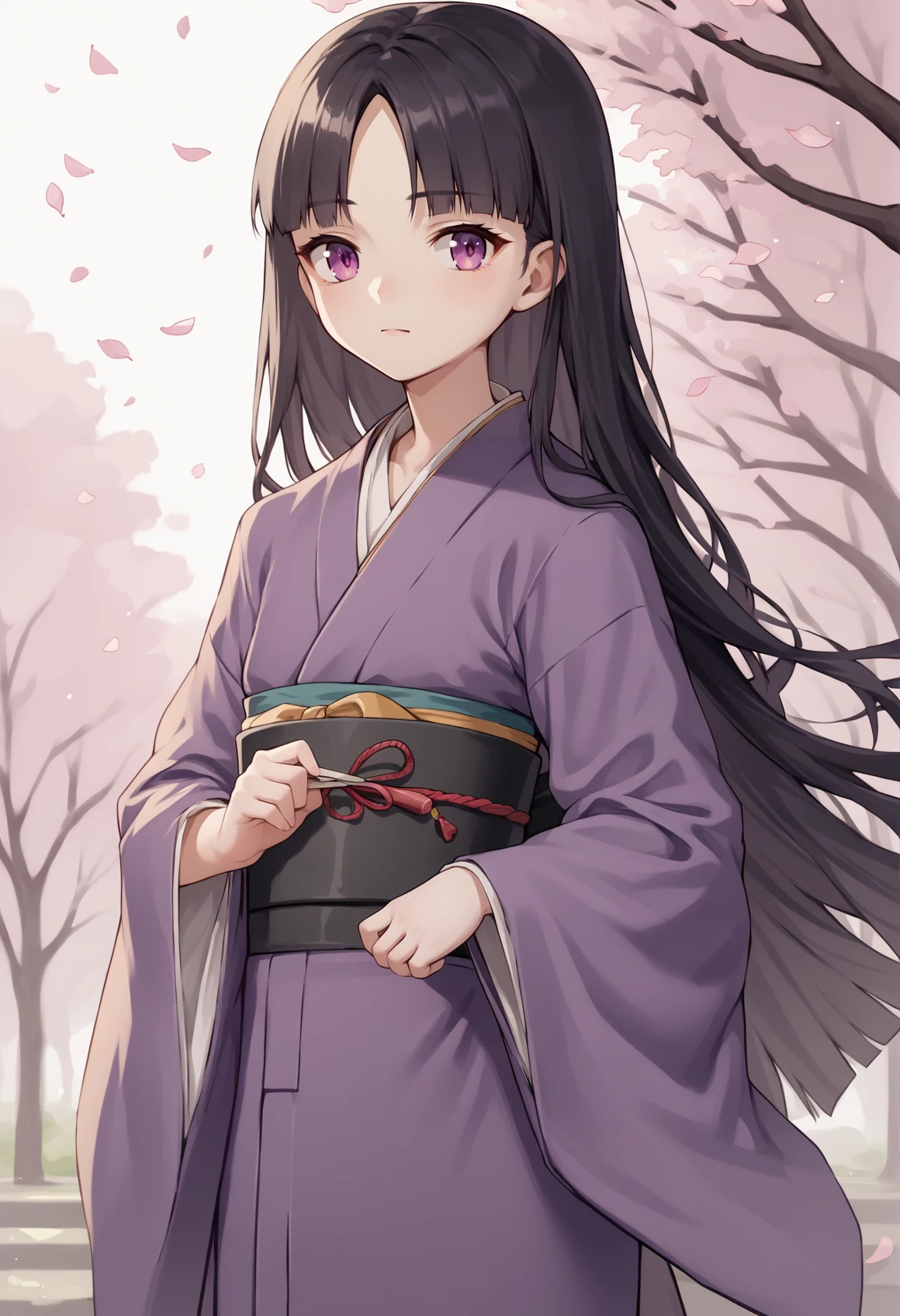 1girl, solo, black hair, hime cut, parted bangs, sidelocks, sleeves past fingers, wide sleeves, purple eyes, long hair, kimono, japanese clothes, purple kimono, female ***** <lora:Nursery_Rhyme:1>, score_9, score_8_up, score_7_up, score_6_up, score_5_up, score_4_up, BREAK source_anime, masterpiece