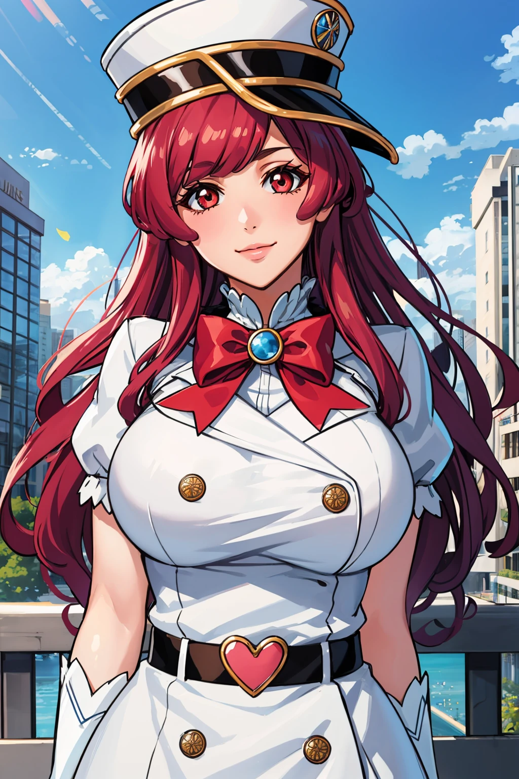 masterpiece, best quality, 1girl, <lora:ms-nvwls-v1:0.9> menins, white hat, red bow, white dress, short sleeves, puffy sleeves, belt, white thighhighs, white gloves, large breasts, upper body, looking at viewer, smile, closed mouth, blue sky, city