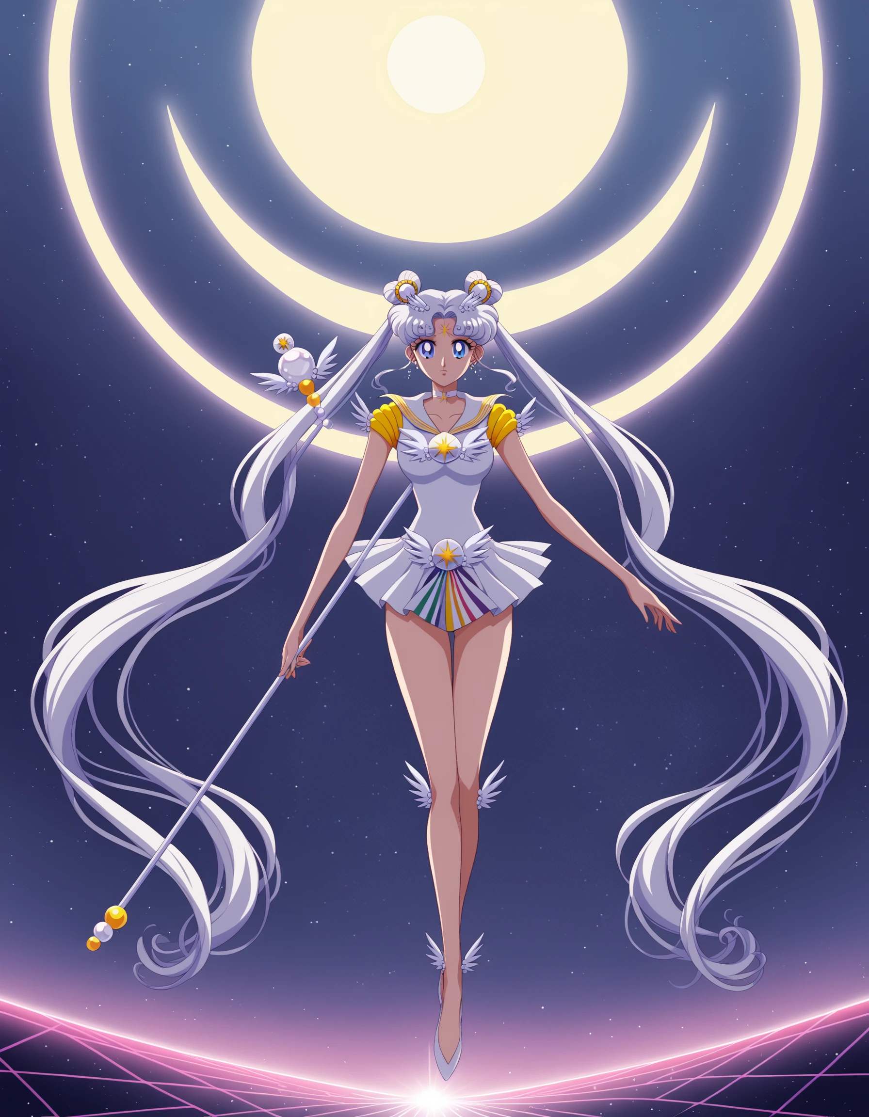 Sailor Cosmos, mature female, 1girl, solo, choker, sailor senshi uniform, jewelry, double bun, long hair, white choker, sailor collar, blue eyes, hair bun, twintails, magical girl, white sailor collar, moon, earrings, full moon, facial mark, hair ornament, staff, white hair, forehead mark, flying, crystal, crescent, outdoors, galaxy, score_9, score_8_up, score_7_up, score_6_up, <lora:SailorCosmosPnyXL:0.8> Dsk_OutrunXL