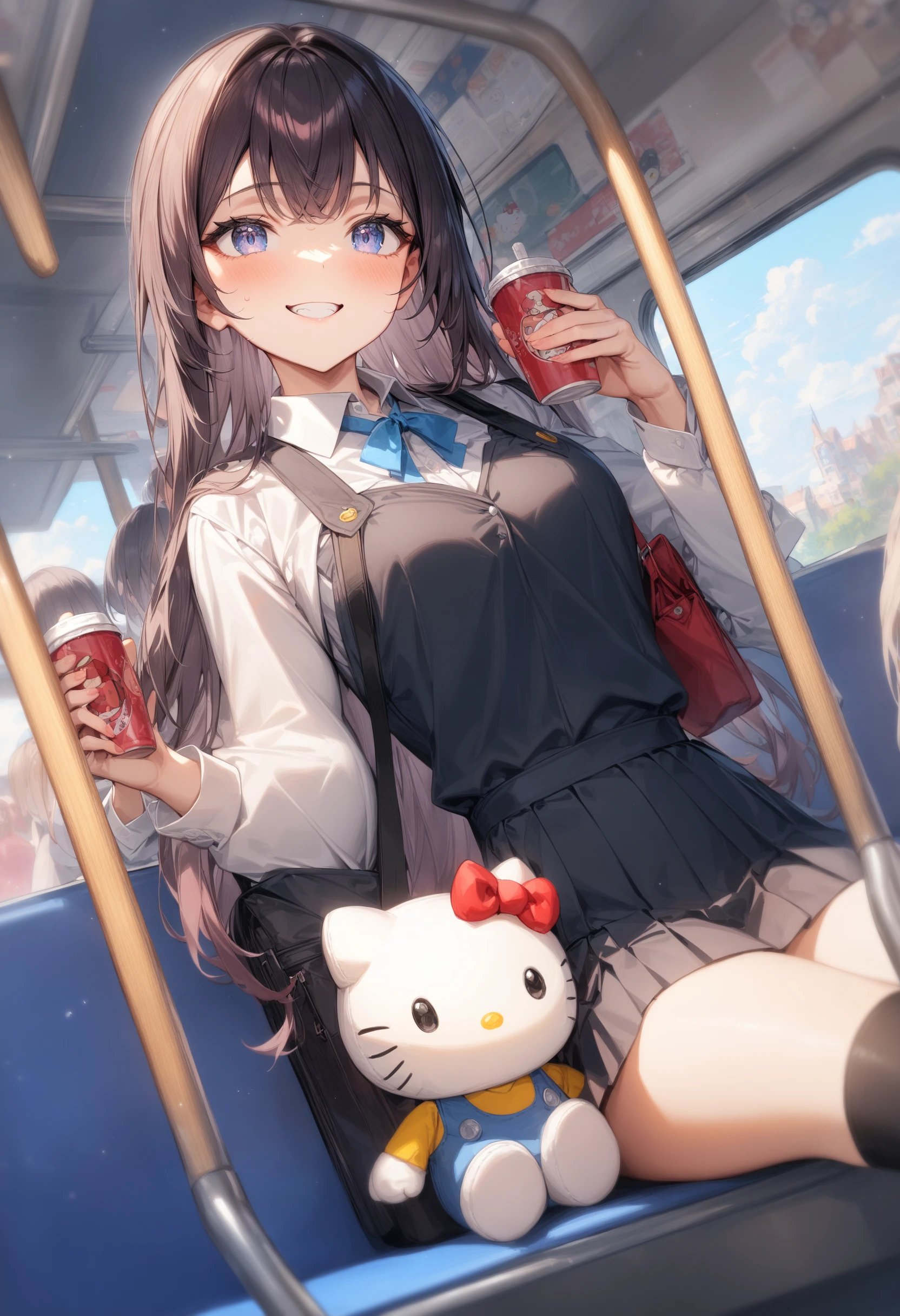 1girl, <lora:sdxl2-flat2-512b:-1>,medium breasts,school uniform,
hello kitty, stuffed toy, holding,holding stuffed toy,<lora:hellokitty_XL_v1:0.7>
dutch angle, panorama shot, looking up, grin, on bus, closed mouth,
masterpiece, best quality, very aesthetic, absurdres