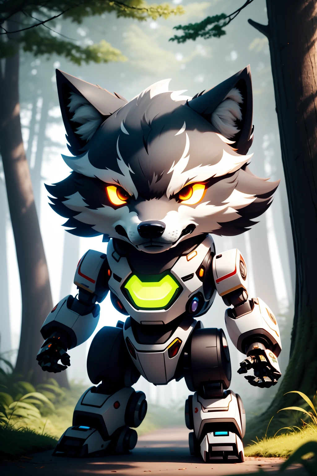 robotzoo, wolf mecha, cute,  standing, glowing, looking at viewer, solo, full body <lora:ç»å¨æºç²å¨ç©å­robotzoo_v1.0:0.7>,forest,tree