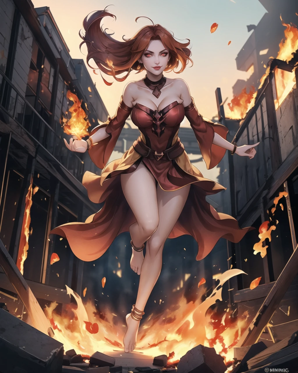 detailed, masterpiece,HDR, detailed sharp, best quality, 1girl,solo,
volumetric lighting, embers, 
large breasts, looking at viewer, 
floating, midair, pyrokinesis,((fire)),  dynamic pose, fighting in ruins,
Lina_DG, fiery hair, glowing eyes, glowing, 
barefoot, full body, closed mouth, lipstick, makeup, smirk, 
red dress, anklet detached sleeves, strapless,collar,   <lora:Lina_DG-v01-000002:0.40>