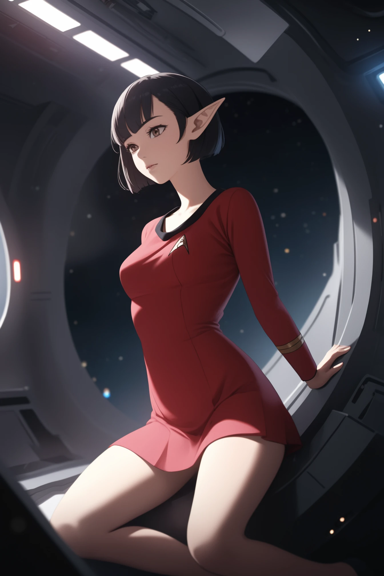 side (bob haircut1:1), vulcan girl, star trek , red startrektos dress, (pointy ears),collarbone,on a space station,near airlock
masterpiece, best quality, soft light, bokeh, real shadow, cinematic, subsurface scuttering <lora:TOSXL-000040:0.8>