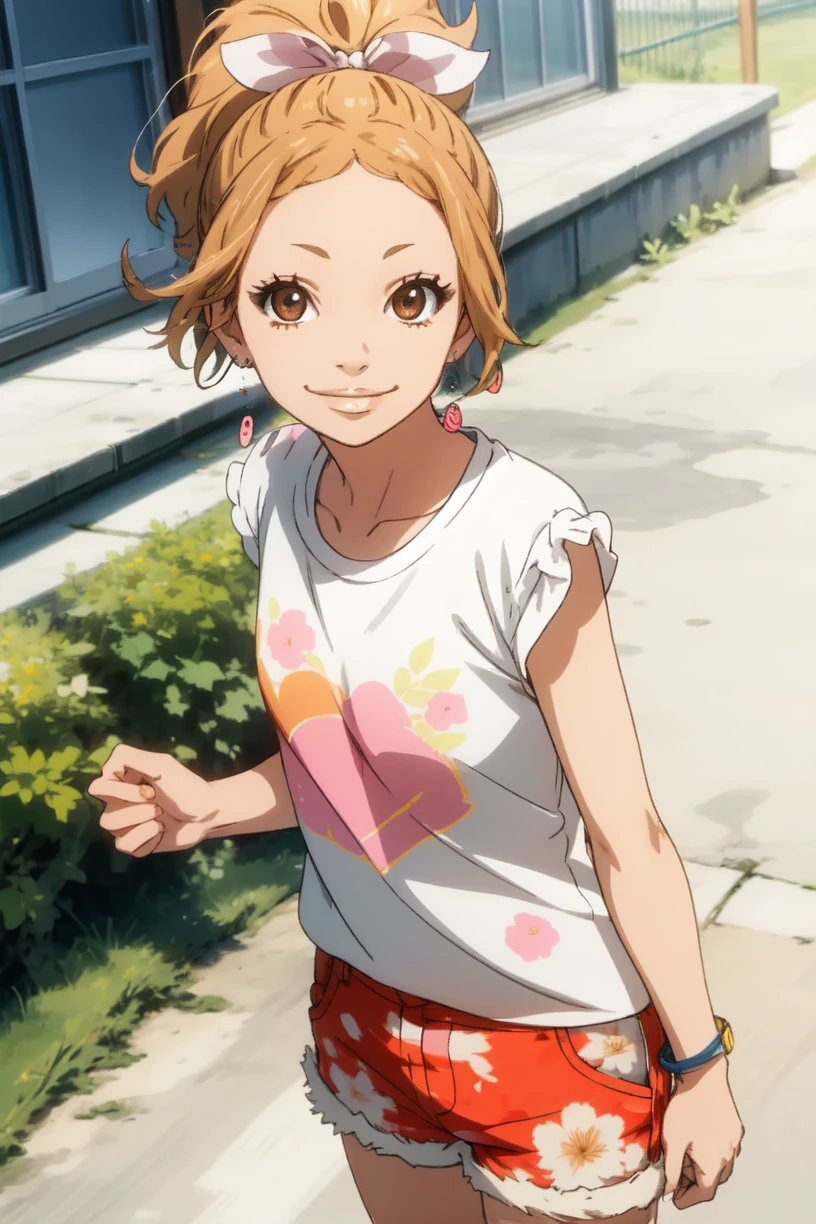 ,Azusa_Murasaka, eyelashes, jewelry, earrings, short hair, hair ribbon, ponytail, shorts, floral print,rolled up t-shirt, looking at viewer, smile,
