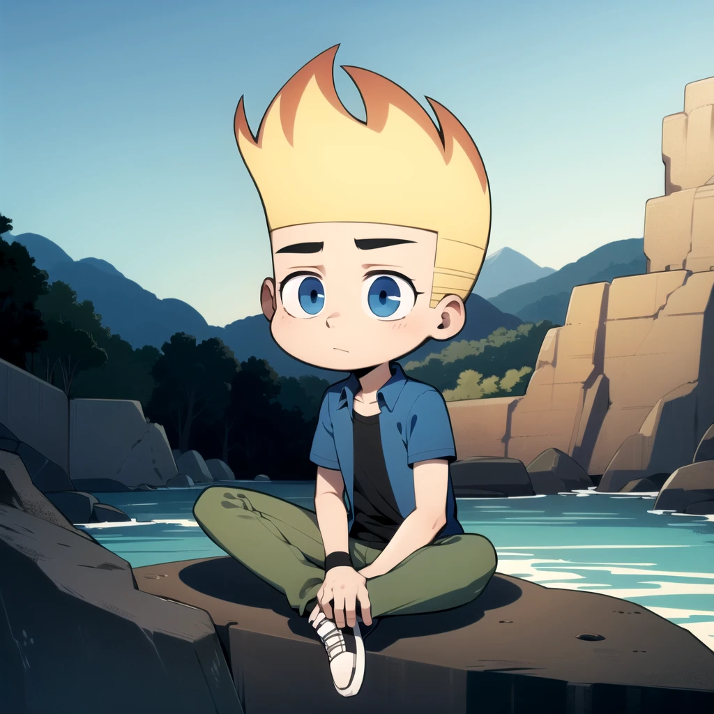 solo, 1boy, johnny test, blonde hair, blue eyes, shirt, open clothes, black shirt, child, pants,  <lora:Johnny_Test_Leaf4:0.6>, sitting, sitting on rock