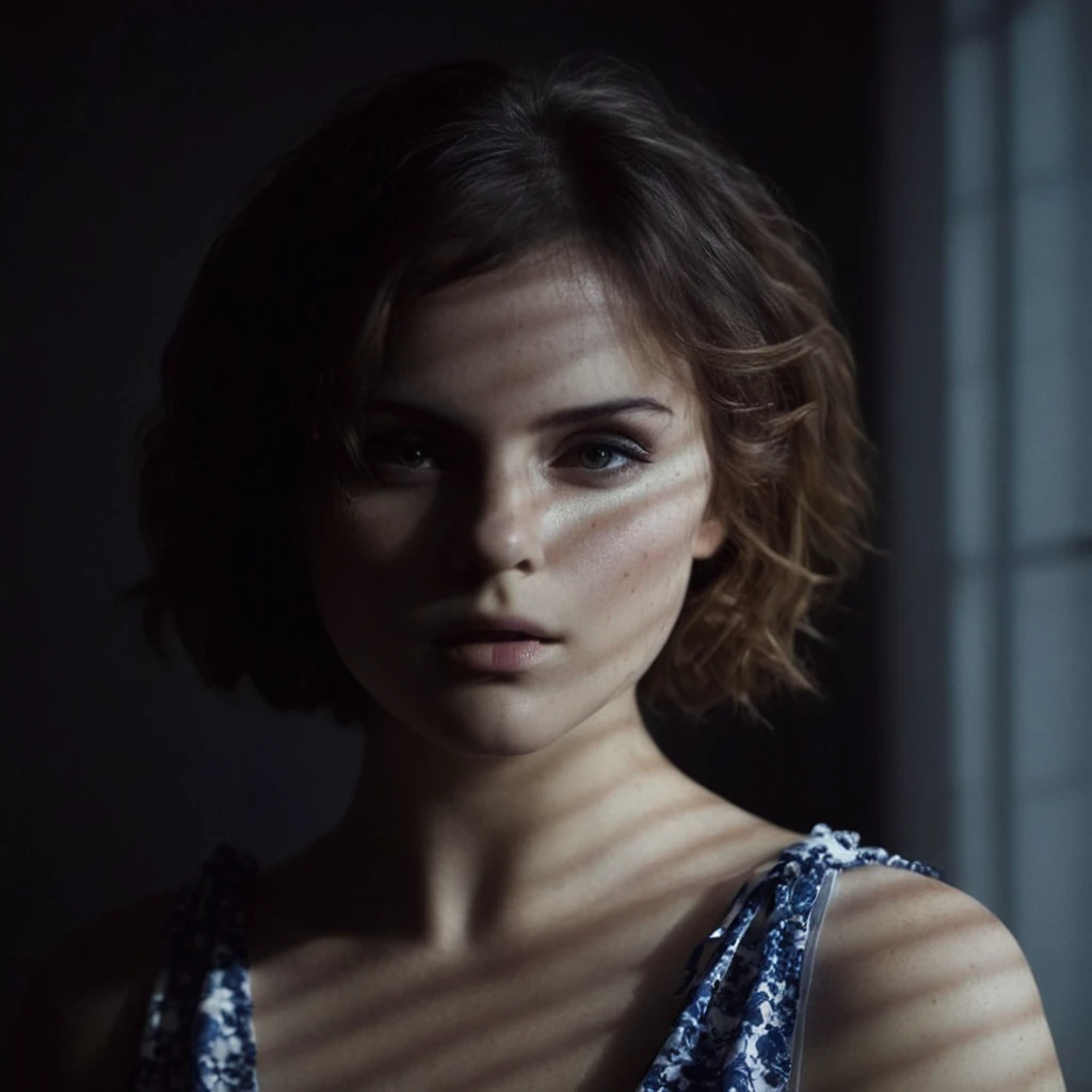cinematic film still of <lora:casting shadow style:1>
<lora:Chiaroscuro Lighting Style:1>
<lora:eyetune:1>
A cucoloris patterned illumination casting a shadow on a woman with a shadow on her face,1girl,solo,looking at viewer,short hair,simple background,monochrome,upper body,greyscale,grey background,mole,hair over one eye,messy hair,portrait,cinematic,film,filmic,casting shadow,venetian blinds casting shadow light,shadow on face,face partially covered in shadow,different shadow,window casting shadow light,cinematography,detailed,detailed background,detailed face,high quality,8k,cuculoris,kookaloris,cookaloris or cucalorus,light modifier,different light pattern,creative light,unique shadow , casting shadow style, shallow depth of field, vignette, highly detailed, high budget, bokeh, cinemascope, moody, epic, gorgeous, film grain, grainy