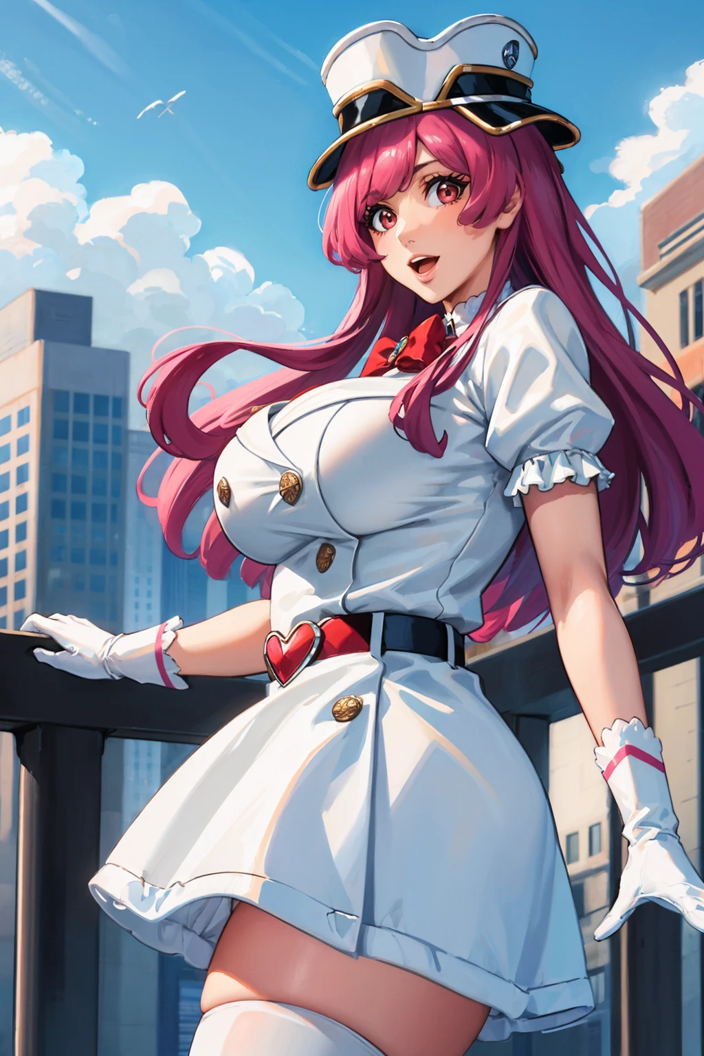 masterpiece, best quality, 1girl, <lora:meninas-nvwls-v1-000009:0.9> meninas, white hat, red bow, white dress, short sleeves, puffy sleeves, belt, white thighhighs, white gloves, large breasts, cowboy shot, :D, looking at viewer, from side, blue sky, city