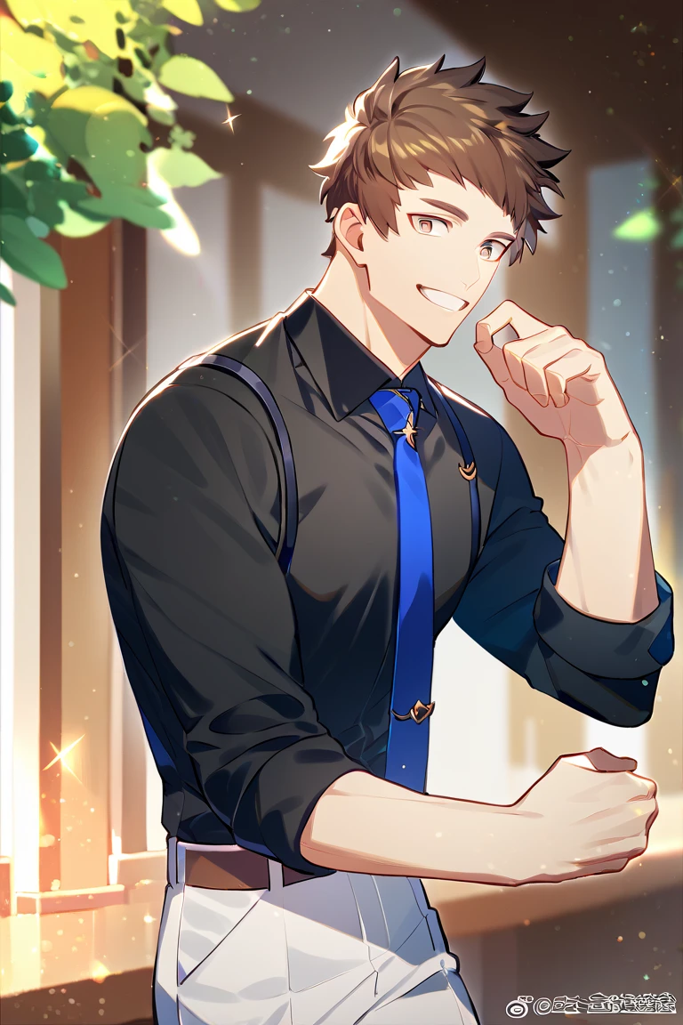 score_9, score_8_up, score_7_up, score_6_up, score_5_up, score_4_up, cute face, year 2023, shingo, yabuki, brown hair, black sleeve shirt, white pants, sleeves rolled up, blue necktie, amazing quality, best aesthetic, absurdres<lora:EMS-342688-EMS:1.000000>