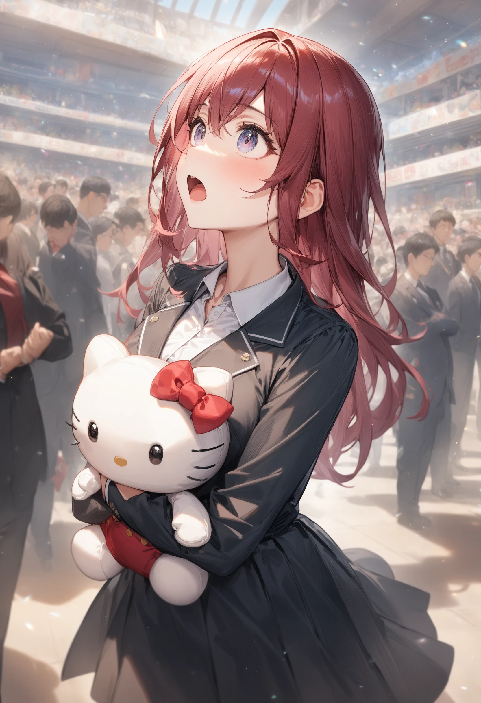 1girl, <lora:sdxl2-flat2-512b:-1>,medium breasts,school uniform,
hello kitty, stuffed toy, holding,holding stuffed toy,<lora:hellokitty_XL_v1:0.7>
from side, wide shot, looking up, confused, crowd, open mouth,
masterpiece, best quality, very aesthetic, absurdres