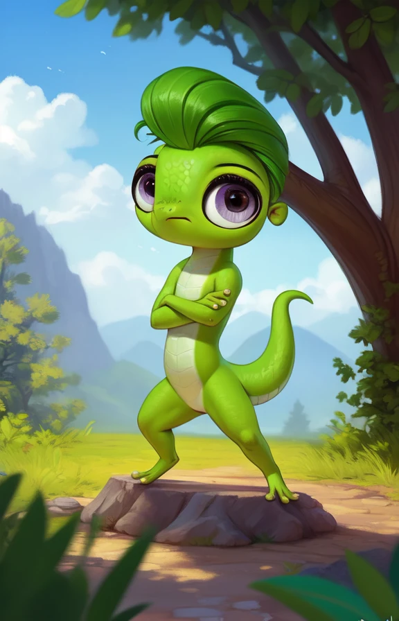 <lora:VinnieTerrioCartoon:0.85> [road, earth, forest, trees, sky, clouds, mountains,]  VinnieTerrioCartoon, Gecko,  green gecko,   purple-gray eyes,
solo,  looking at viewer, to his full height,  (beautiful, aesthetic, perfect, delicate, intricate, masterpiece, )   chibi,  ((scales,)) (fighting stance)
by ulitochka, by taran fiddler, by Silverfox5213, by personalami,