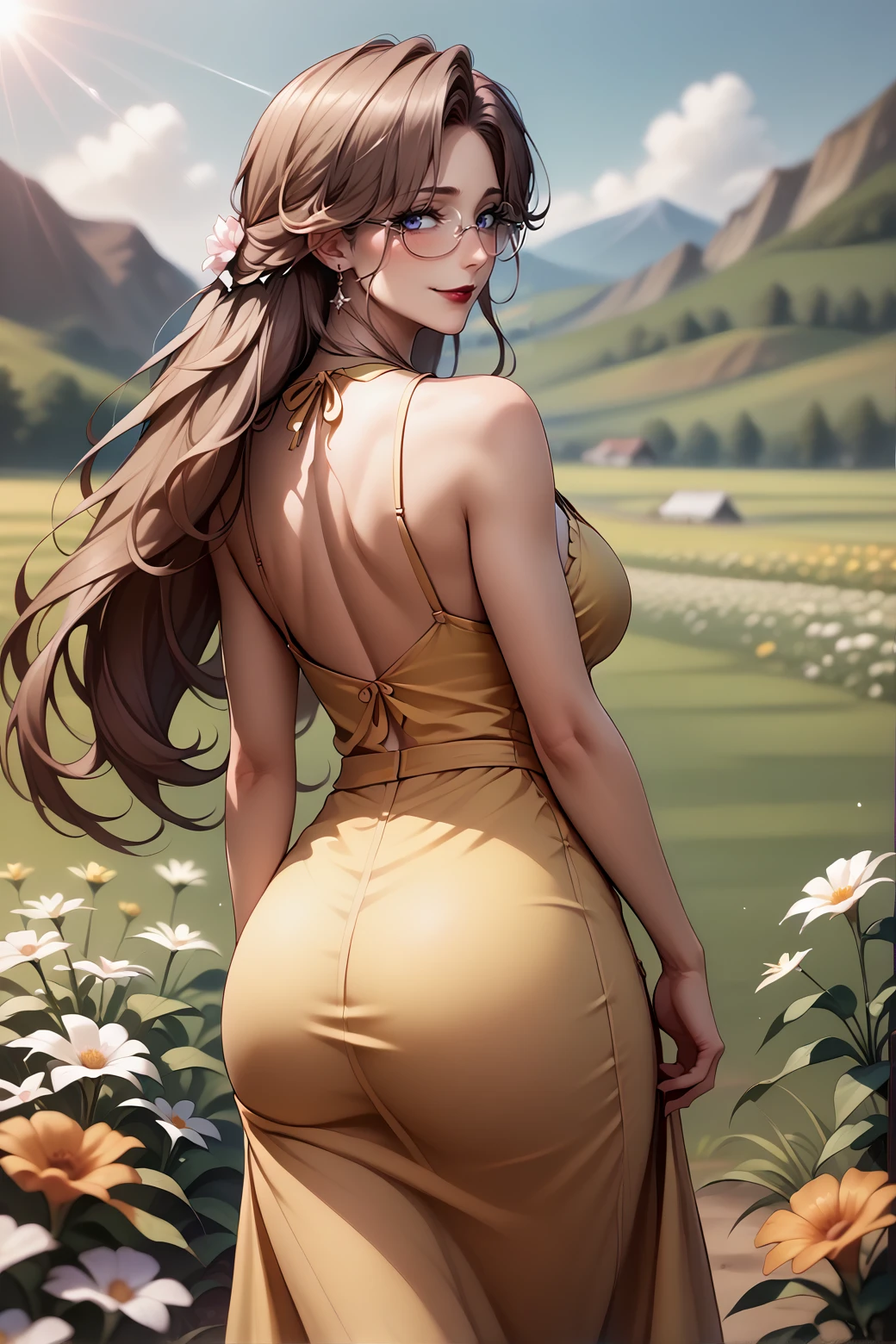 score_9, score_8_up, score_7_up, <lora:champtn-pdxl-beta2-10:1.0> champtn, cowboy shot, 1girl, solo, brown hair, blue eyes, purple eyes, very long hair, from behind, looking back, grass, yellow sundress, flower field, smirk, blush, lens flare, bare shoulders, blurry background, mature female, red lipstick, glasses, round eyewear, semi-rimless eyewear,