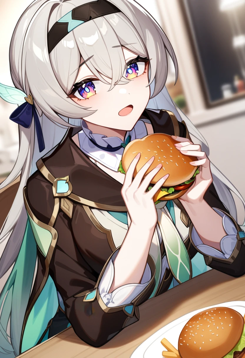 a girl named liuying,liuying,1girl,solo,looking at viewer,holding food,open mouth,black jacket,white shirt,bow,low quality,burger,french fries,table,masterpiece,best quality,(very aesthetic:1.2),absurdres,<lora:æµè¤a31:1>,grey hair,