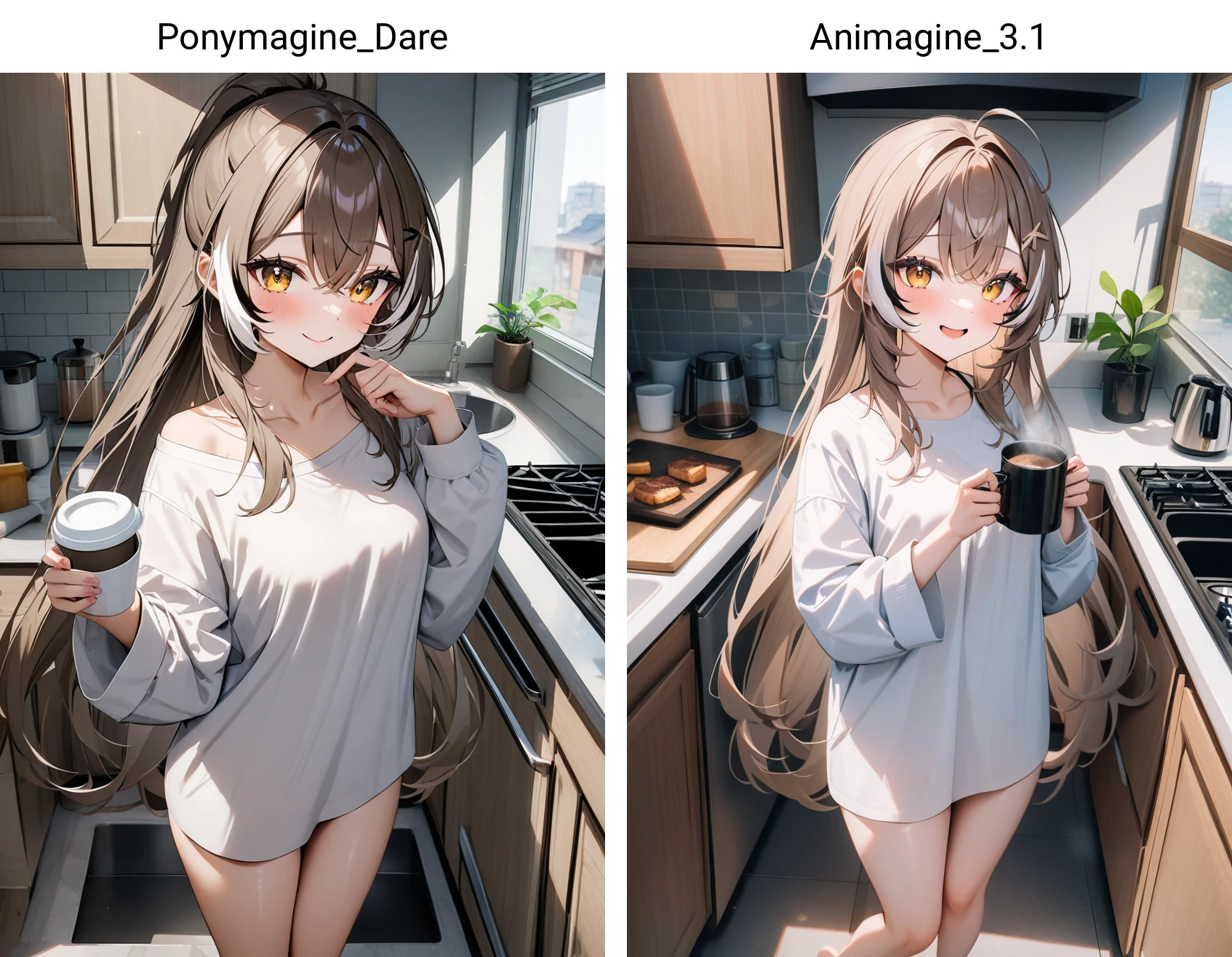 1girl, score_9, score_8_up, score_7_up, source_anime, masterpiece, newest, very aesthetic, fzvkrjisli18183, nanashi mumei, hololive, hololive english, highres, 1girl, barefoot, black eyeliner, black hair, brown hair, coffee, coffee cup, coffee maker, cooking pot, counter, cup, disposable cup, eyelashes, eyeliner, frying pan, holding, holding cup, indoors, kitchen, long hair, long sleeves, looking at viewer, makeup, messy hair, morning, mug, multicolored hair, no pants, oversized clothes, refrigerator, shirt, sink, smile, solo, standing, streaked hair, trash can, very long hair, virtual youtuber, white hair, white shirt, window, yellow eyes