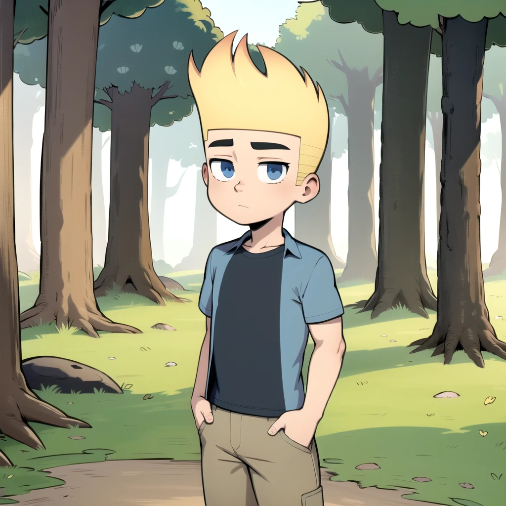 solo, 1boy, johnny test, blonde hair, blue eyes, shirt, short sleeves, open clothes, black shirt, brown pants, child,  <lora:Johnny_Test_Leaf4:0.8>, cowboy shot, forest, looking at viewer,