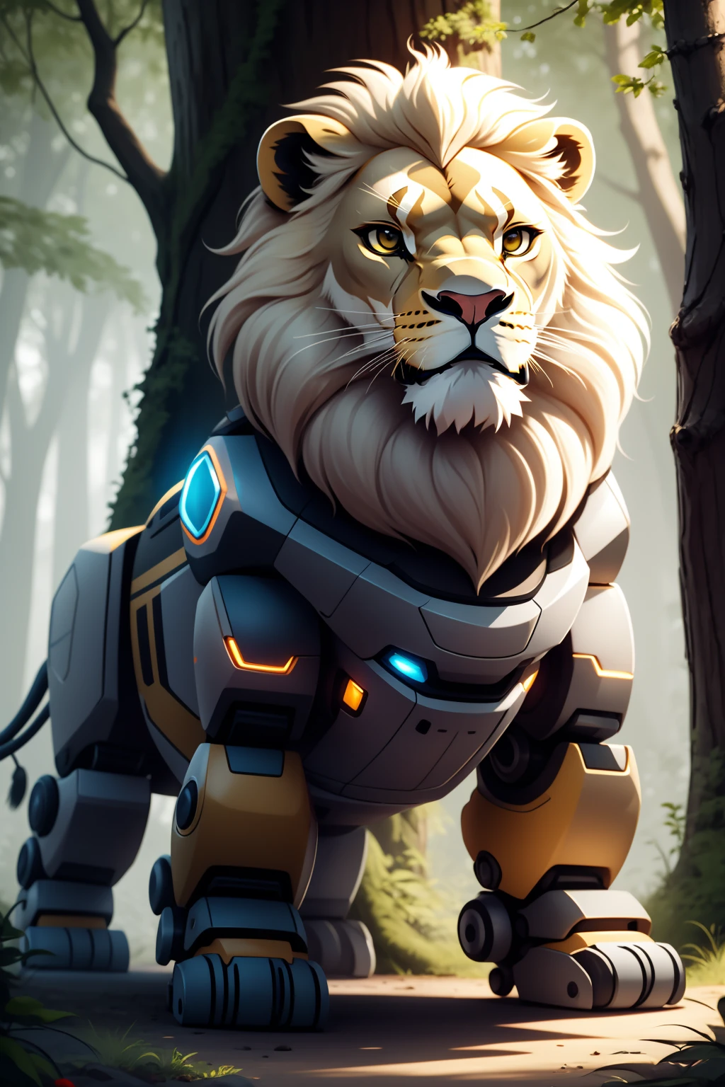 robotzoo, lion mecha, cute,  standing, glowing, looking at viewer, solo, full body <lora:ç»å¨æºç²å¨ç©å­robotzoo_v1.0:0.7>,forest,tree