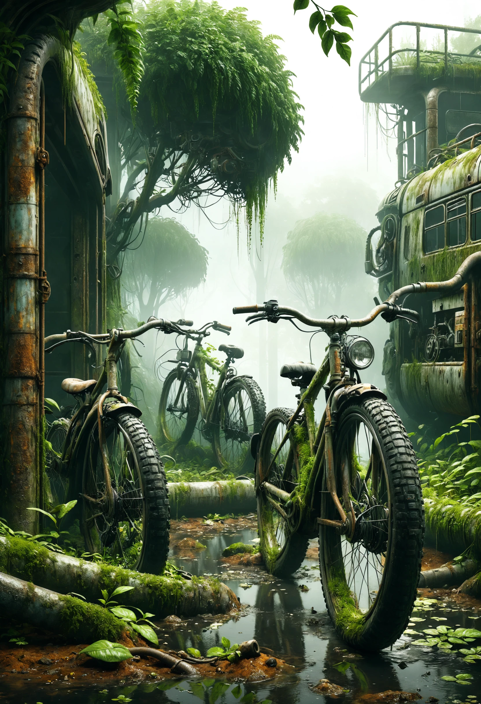 a park of abandoned bicycles, overgrown vegetation, rusty, dark, gritty, concept art, volumetric lighting, foggy atmosphere
<lora:dvr-swr:0.8> dvr-swr