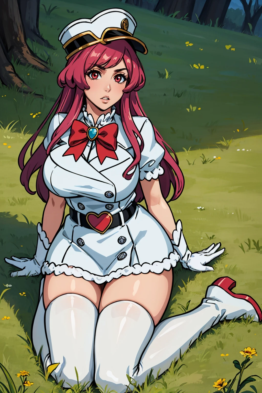 masterpiece, best quality, 1girl, <lora:meninas-nvwls-v1-000009:0.9> meninas, white hat, red bow, white dress, short sleeves, puffy sleeves, belt, white thighhighs, white gloves, large breasts, white boots, kneeling, furrowed brow, clenched teeth, looking at viewer, grass