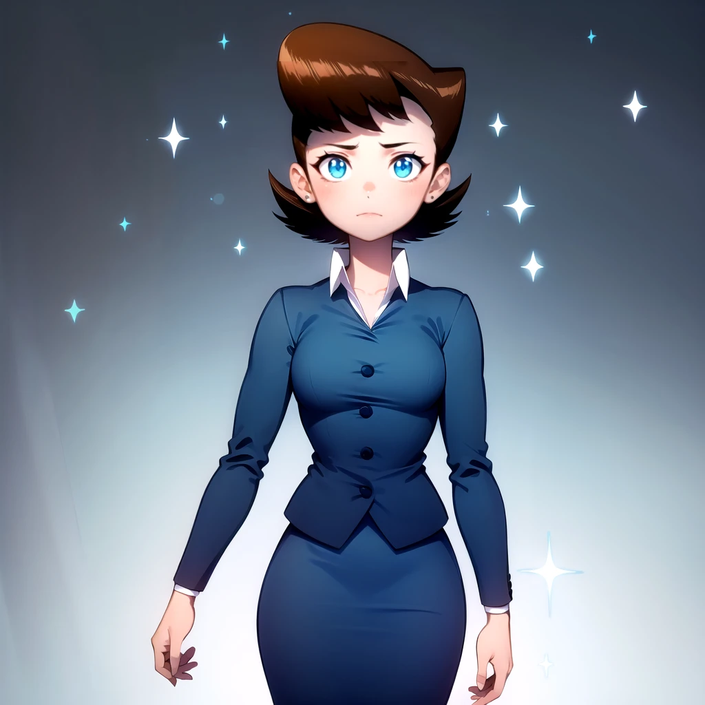 solo, 1girl,  Lila test, brown hair, short hair, blue eyes, blue suit, formal, blue suit, pencil skirt,   <lora:Lila_Test_Leaf3:0.8>, cowboy shot,  gradient background, sparkle, looking at viewer,