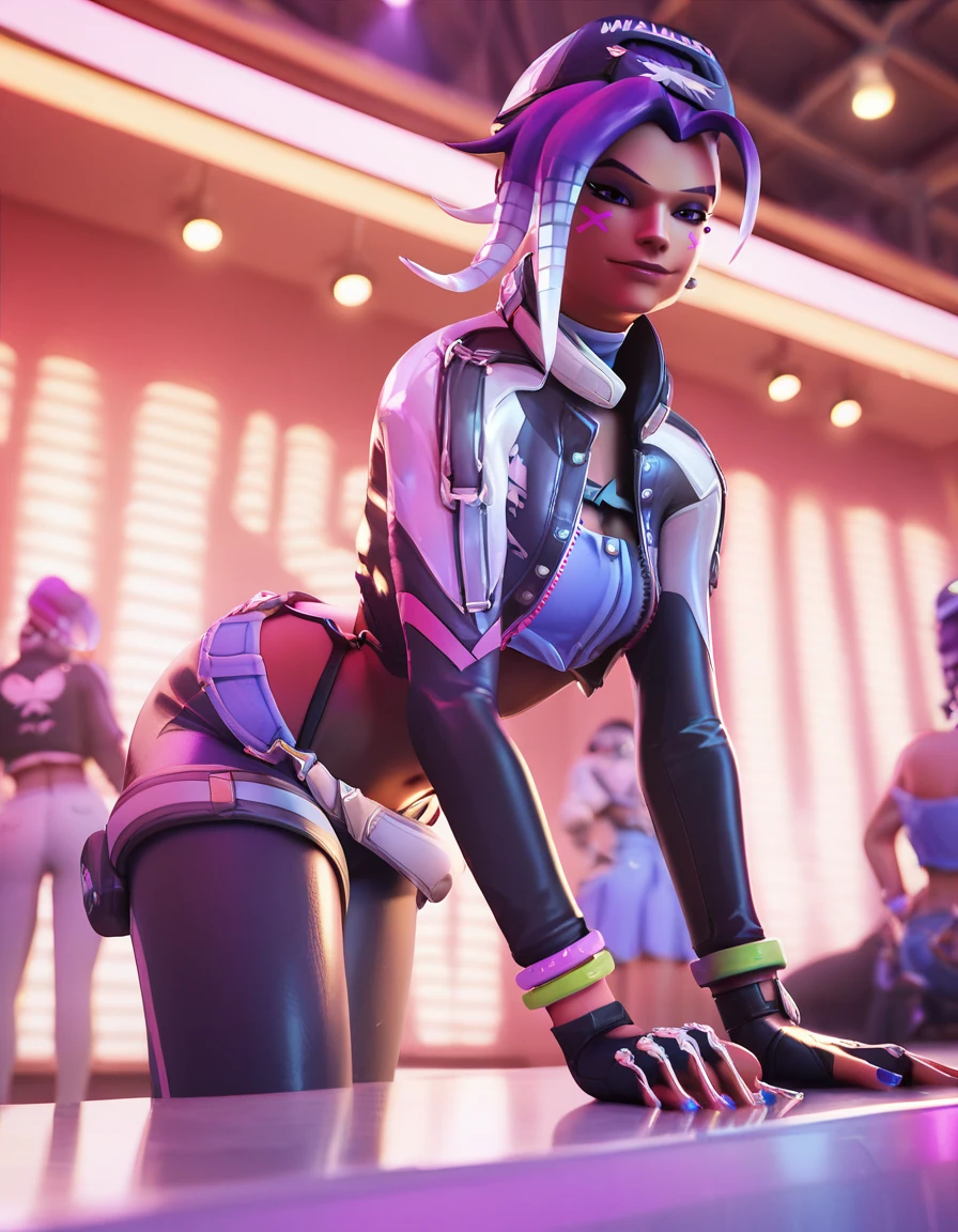 sombra, purple hair,  purple eyes,  mole under eye, open mouth, tongue out
elbow gloves, lewd thong, bra, nsfw   light smile, small breasts, 
looking at viewer, back view
night, city,  indoors, 
(insanely detailed, beautiful detailed face, beautiful detailed eyes, masterpiece, best quality),solo, 
cyberpunk,  